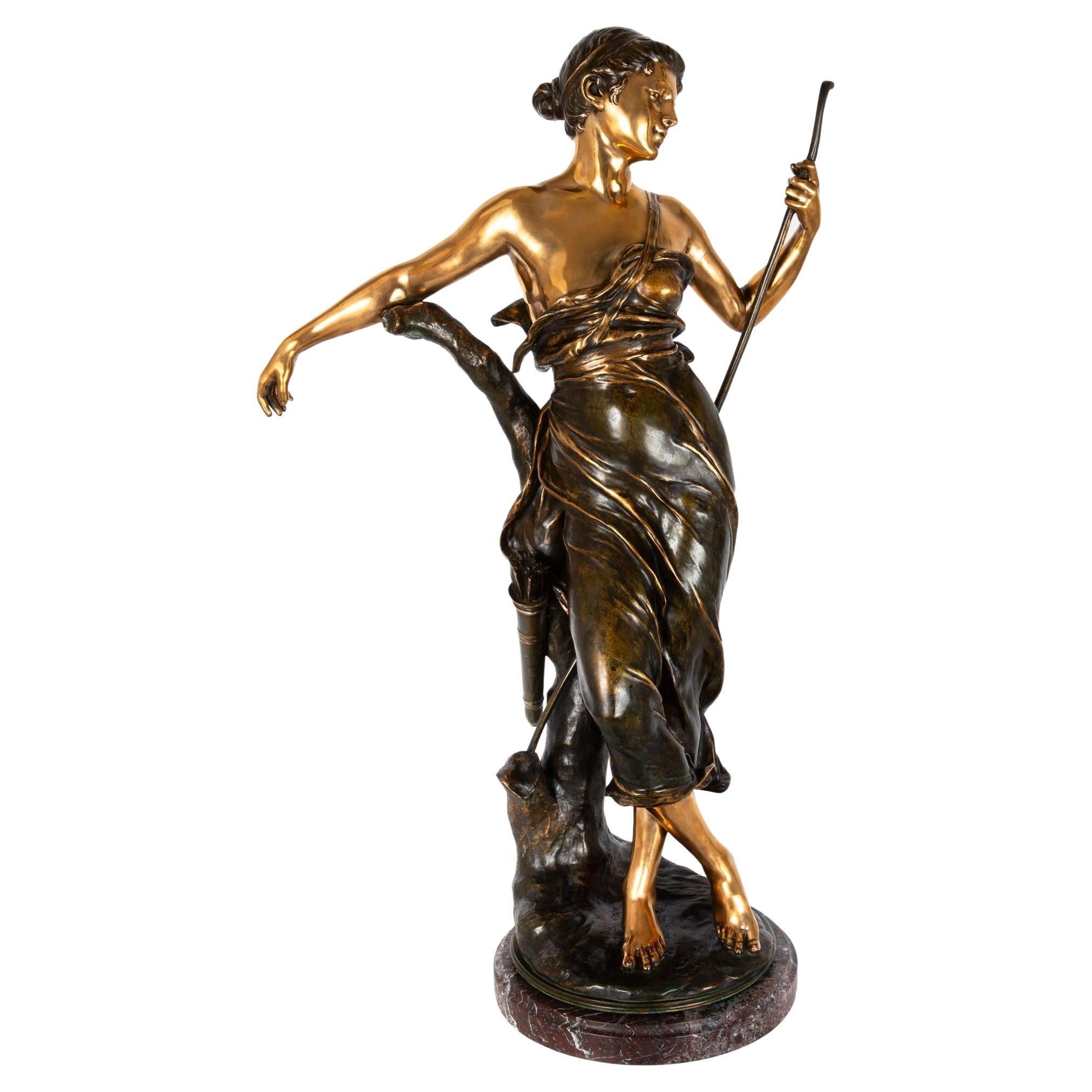 “Diana, the Huntress” by Eugene Marioton, French Antique Bronze Sculpture For Sale