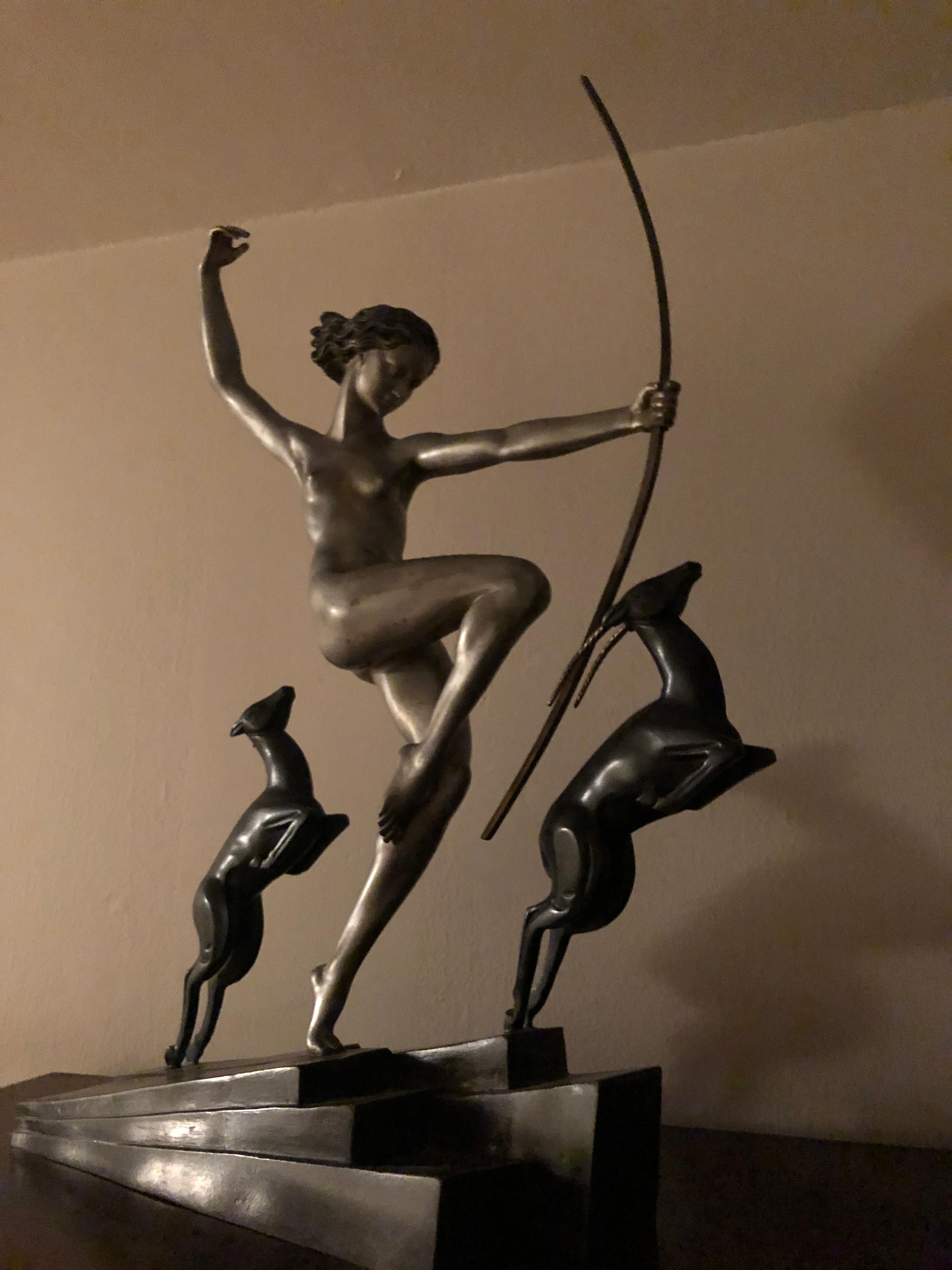 French Diana the Huntress with Fawns, Art Deco Bronze by Marcel Bouraine