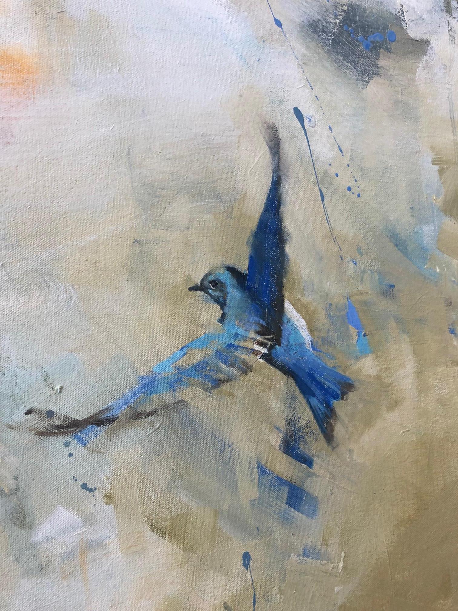 A bird in flight set against a background of abstract smokey grey, cream, white and celadon blue, oil on canvas painting from Diana Tremaine, whose series, 