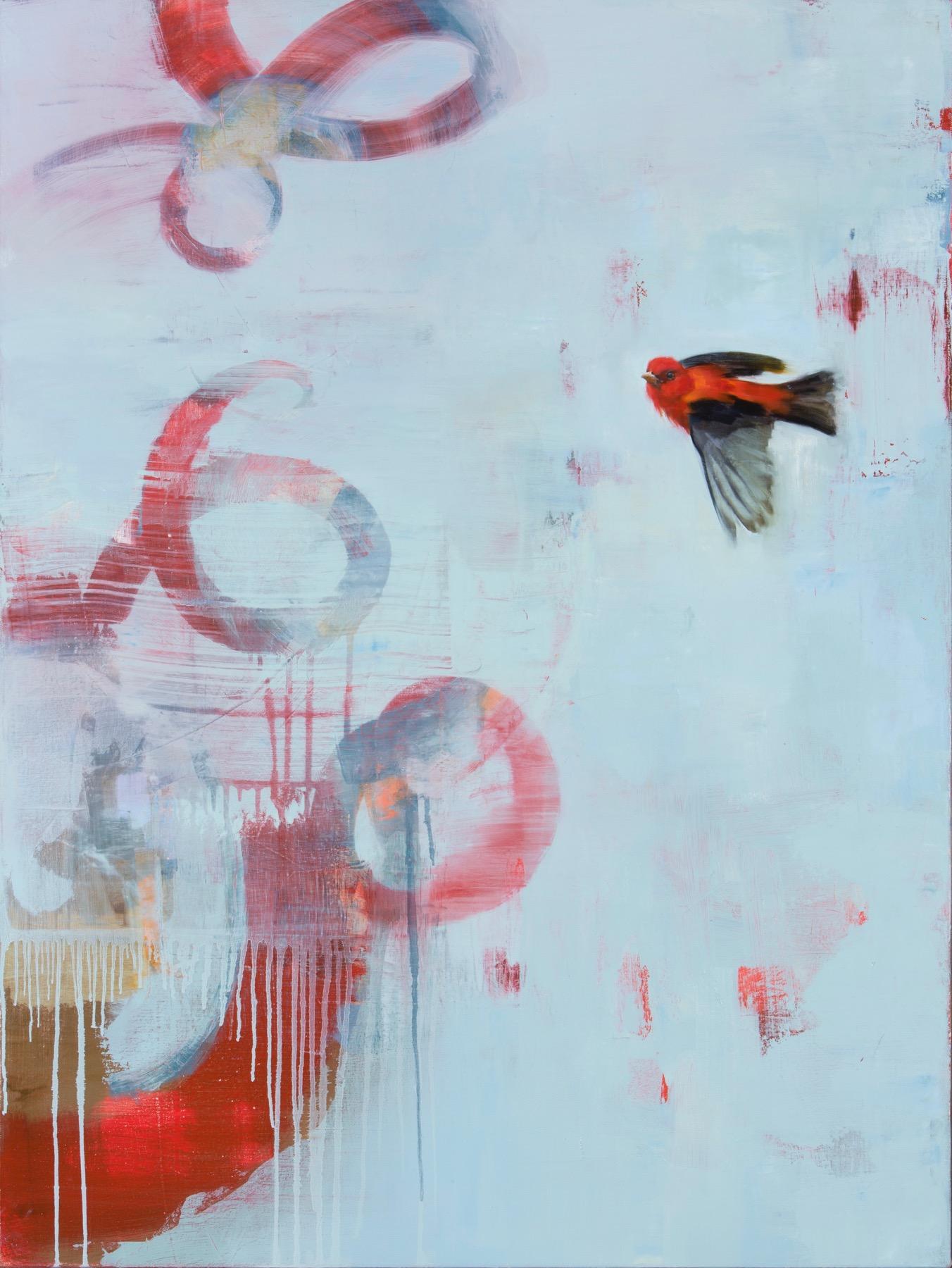 Diana Tremaine Abstract Painting - Scarlet Tanager / cardinal red bird abstract nature - oil on canvas