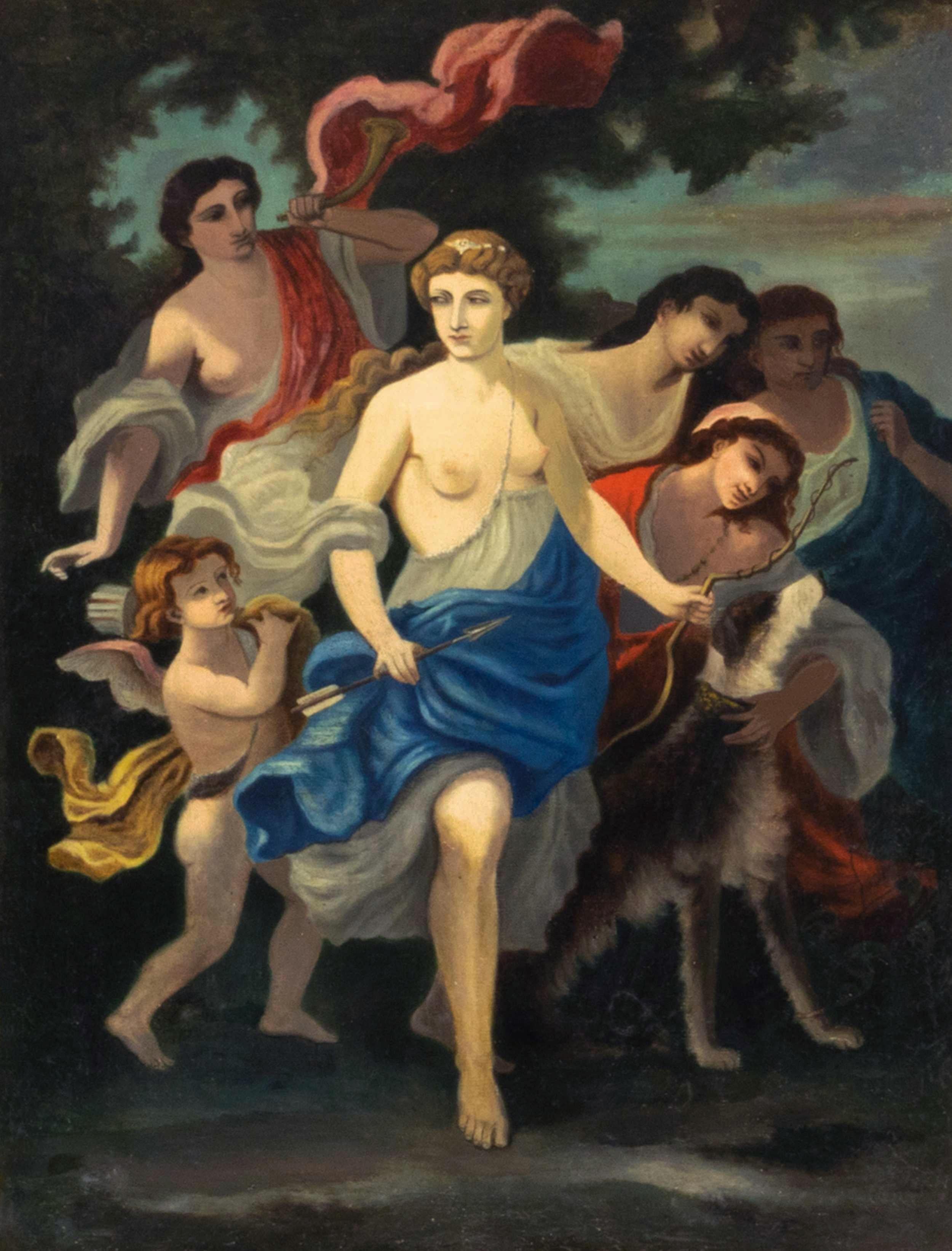 A great painting of a classic mythology scene. 
Diana the goddess and the nymphs Uraniaand Calliope with a hunting
dog. Very exactly drawn figures in the foreground, soft brush strokes so the surface of the painting appears polished, backgrounds