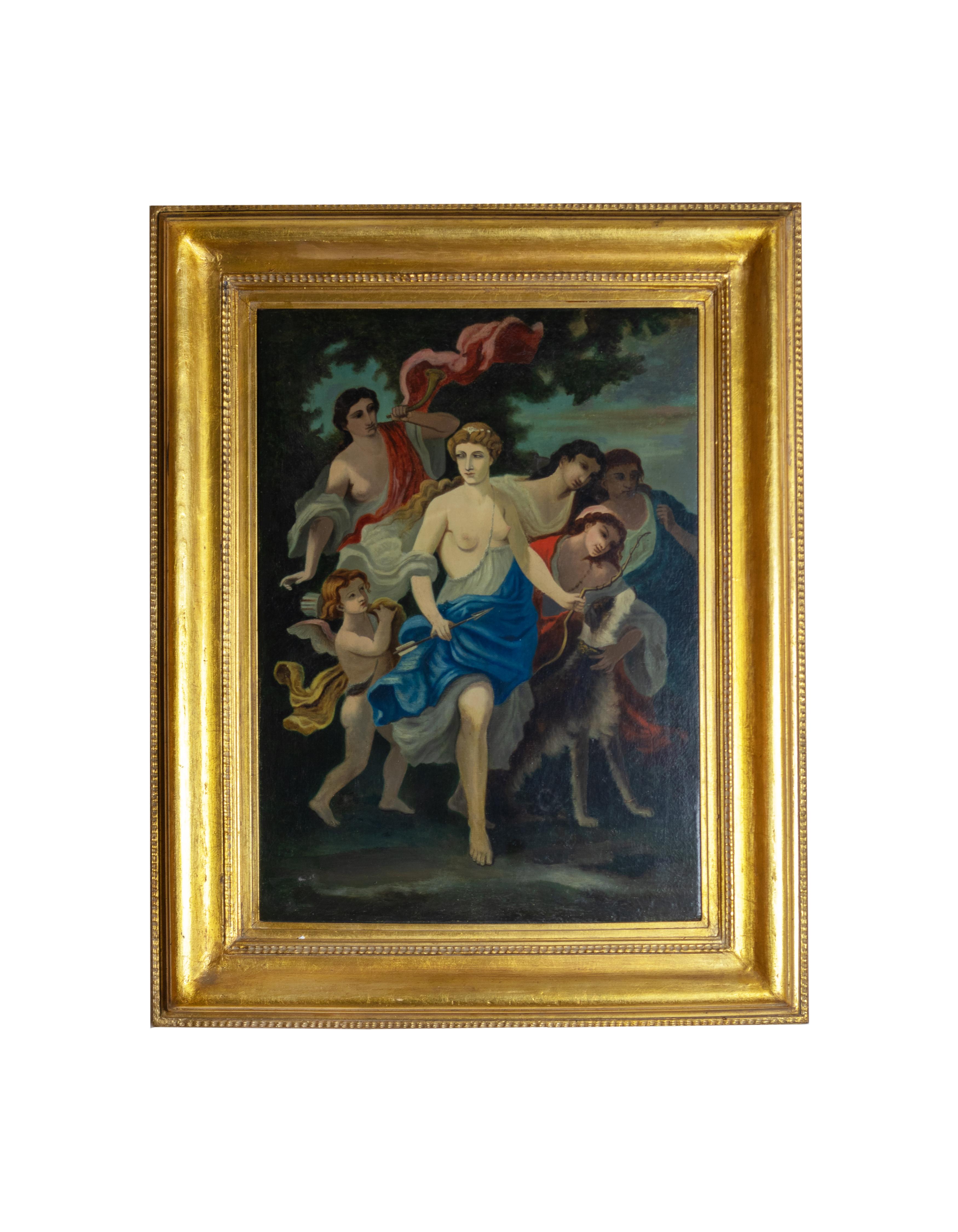 Una gran pintura de una escena mitológica clásica. 
La diosa Diana y las ninfas Urania y Calíope con una caza
perro. Figuras dibujadas con gran exactitud en primer plano, pinceladas suaves para que la superficie del cuadro parezca pulida, los fondos