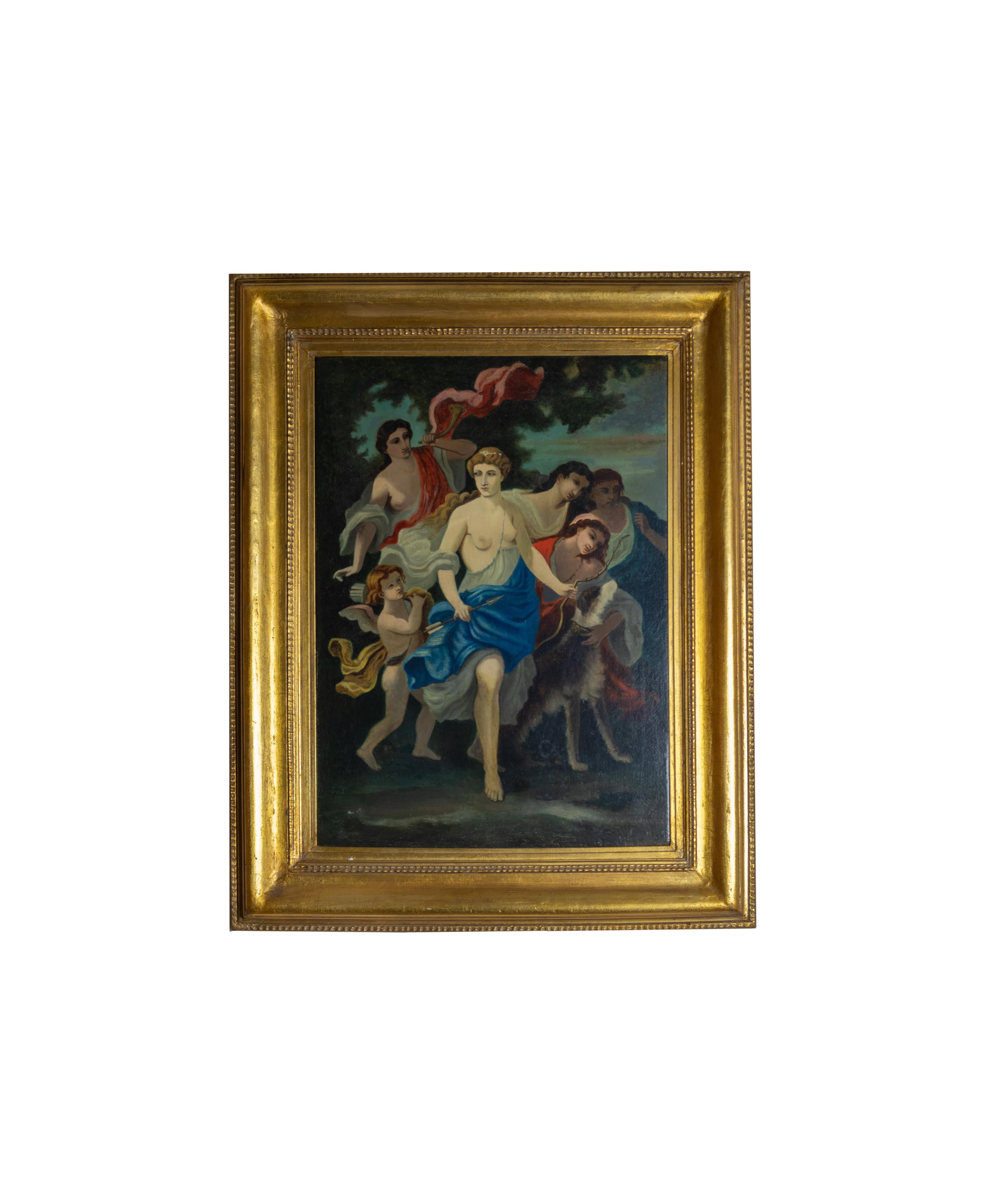 Ein großartiges Gemälde einer klassischen Mythologie-Szene. 
Diana, die Göttin, und die Nymphen Urania und Kalliope mit einer Jagd
Hund. Sehr genau gezeichnete Figuren im Vordergrund, weiche Pinselstriche, die die Oberfläche des Gemäldes poliert