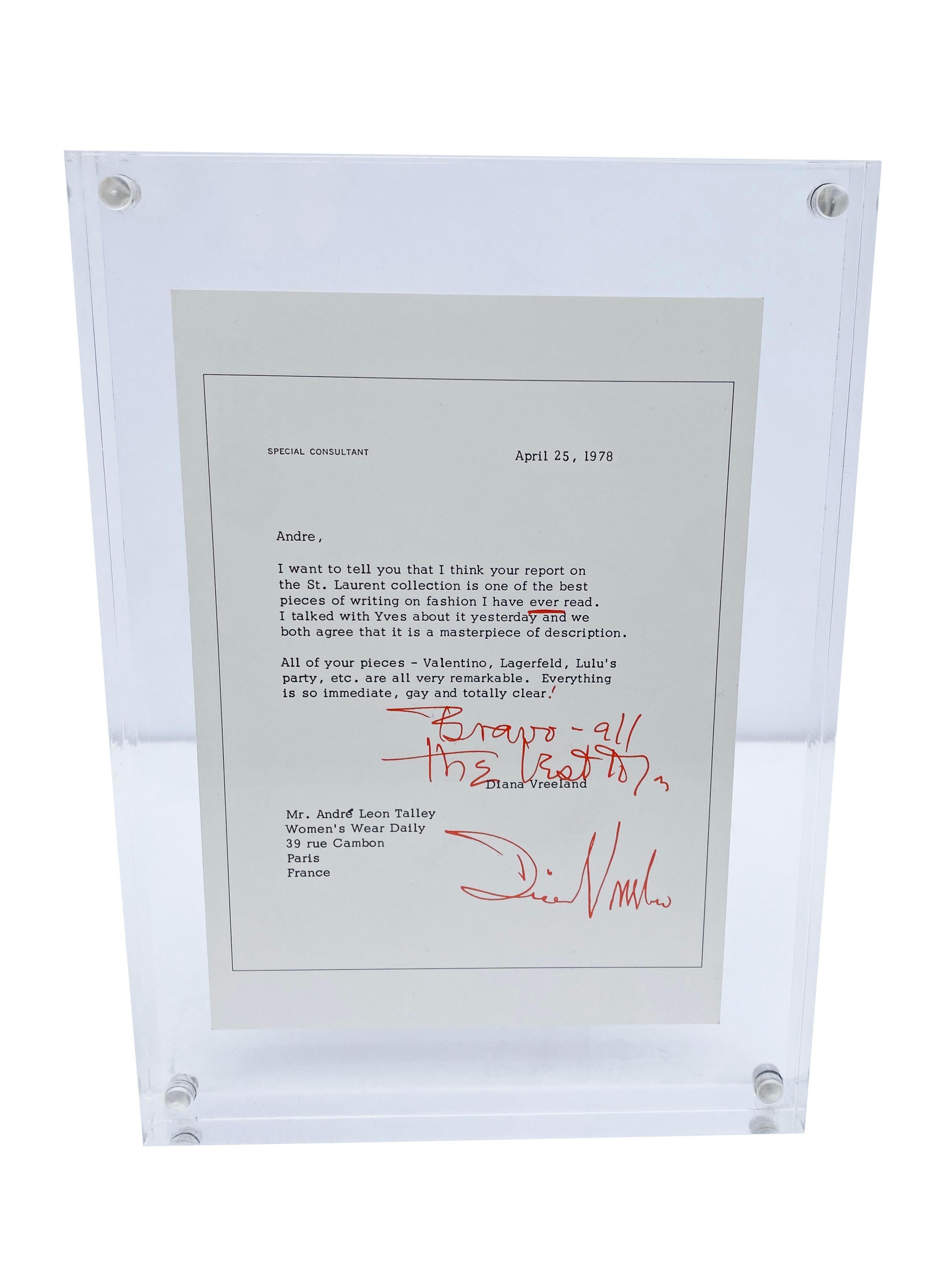 Diana Vreeland’s letter to Andre Leon Talley (description) alt created this postcard stationary out of a letter he received from Diana Vreeland. This was part of his personal belongings. Inside a lucite frame. 

We know, it’s hard to find,