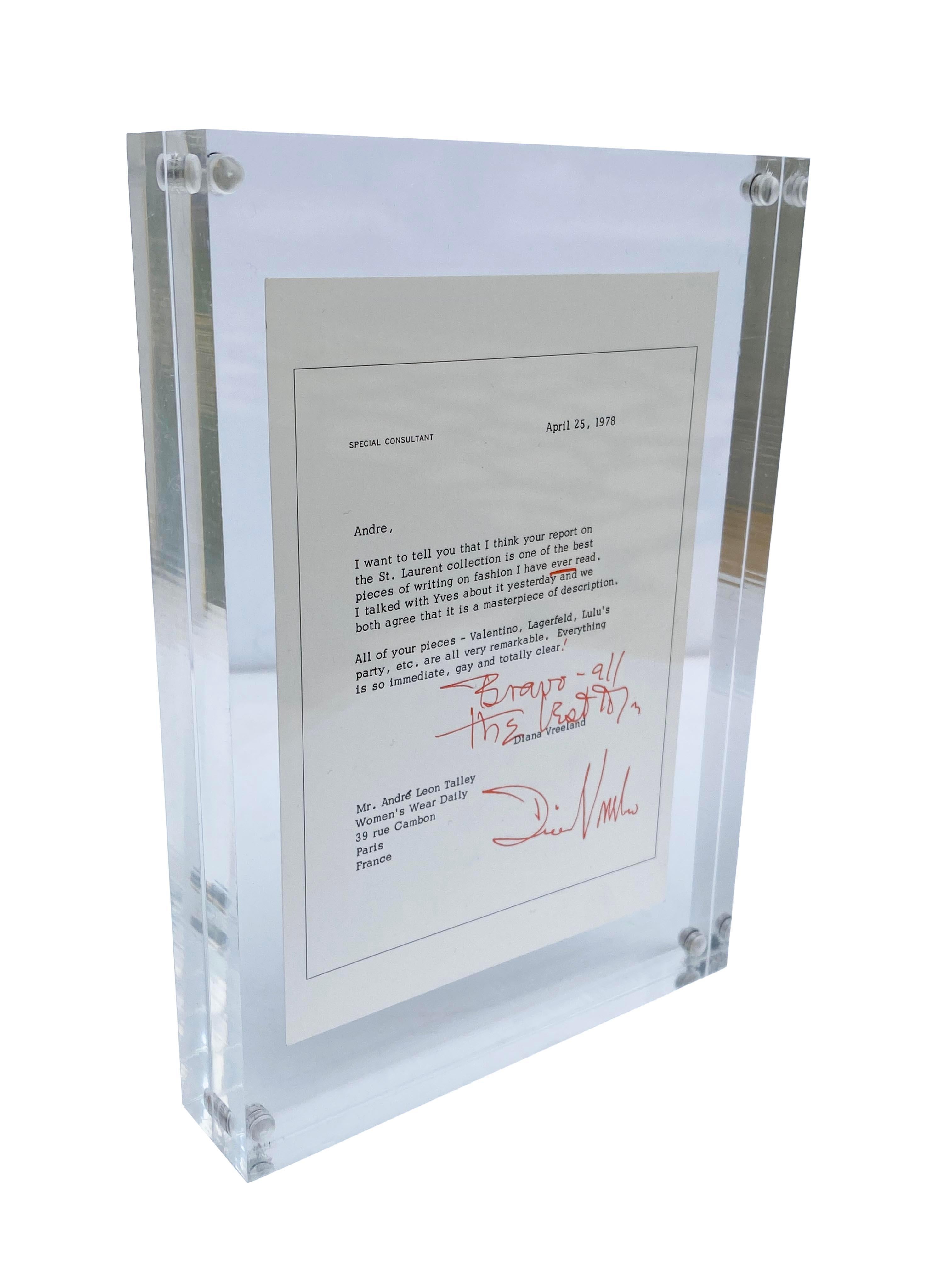 American Diana Vreeland's Framed Letter to Andre Leon Talley For Sale