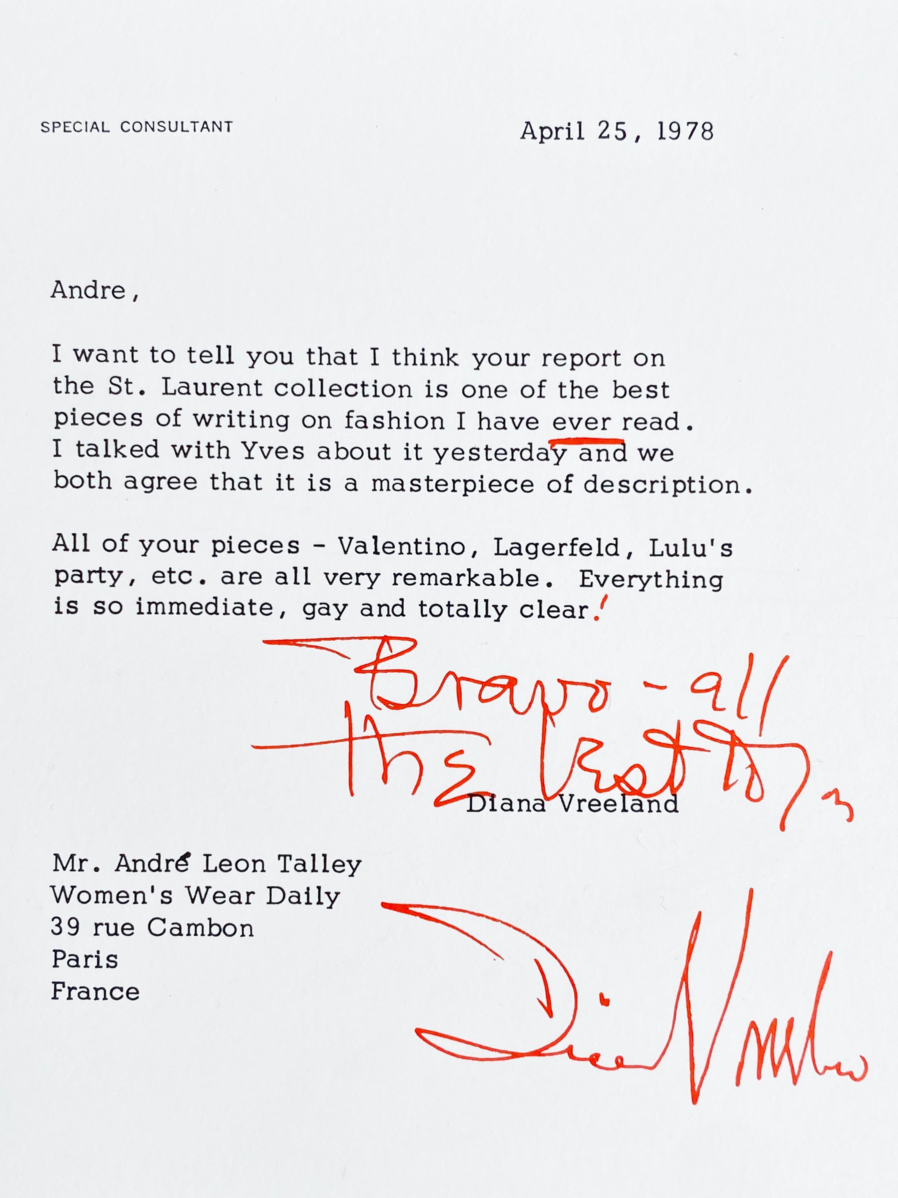 Diana Vreeland's Framed Letter to Andre Leon Talley In Good Condition For Sale In Scottsdale, AZ