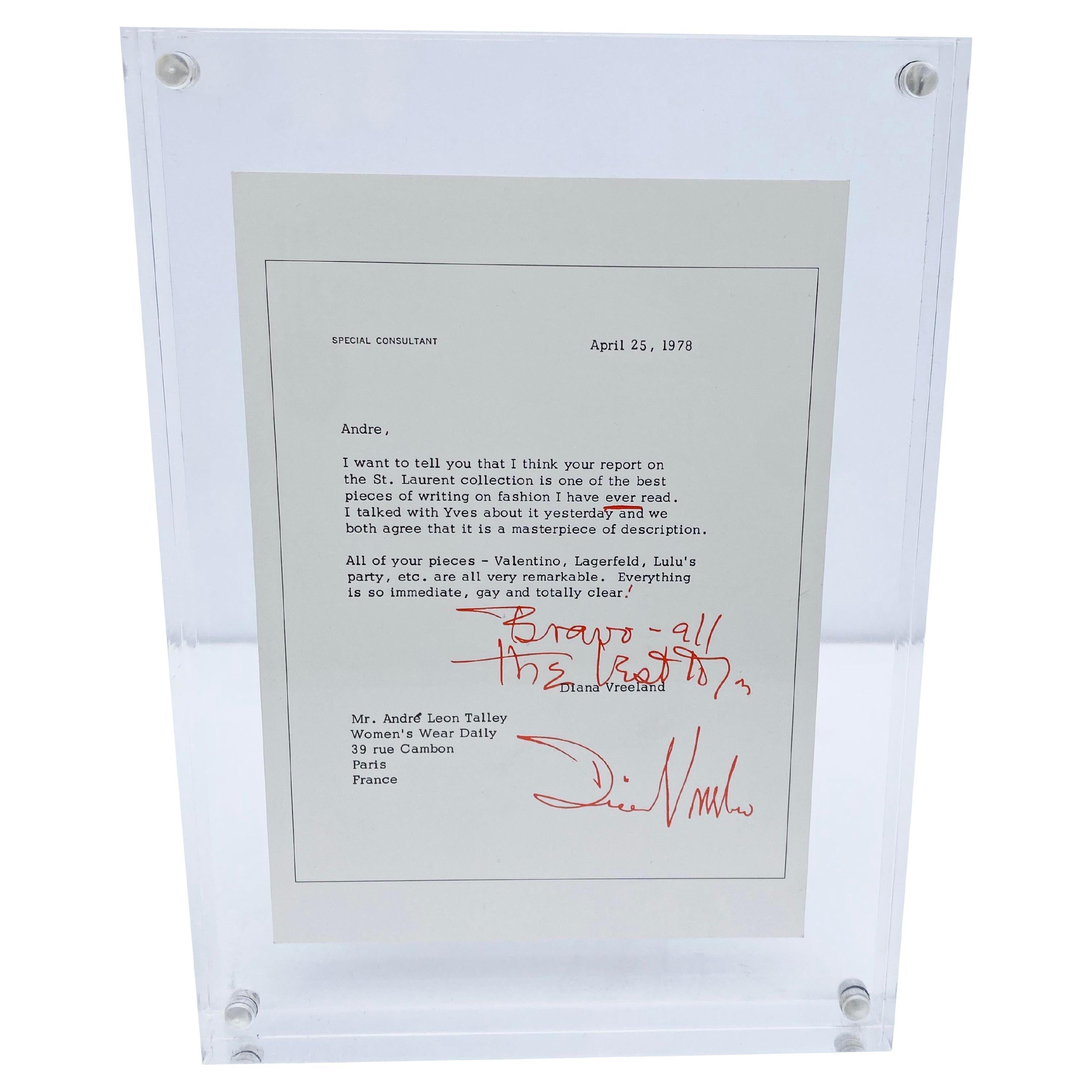 Lettera incorniciata di Diana Vreeland ad Andre Leon Talley