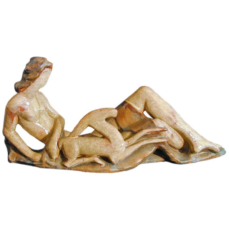 "Diana with Stag, " Art Deco ceramic sculpture For Sale