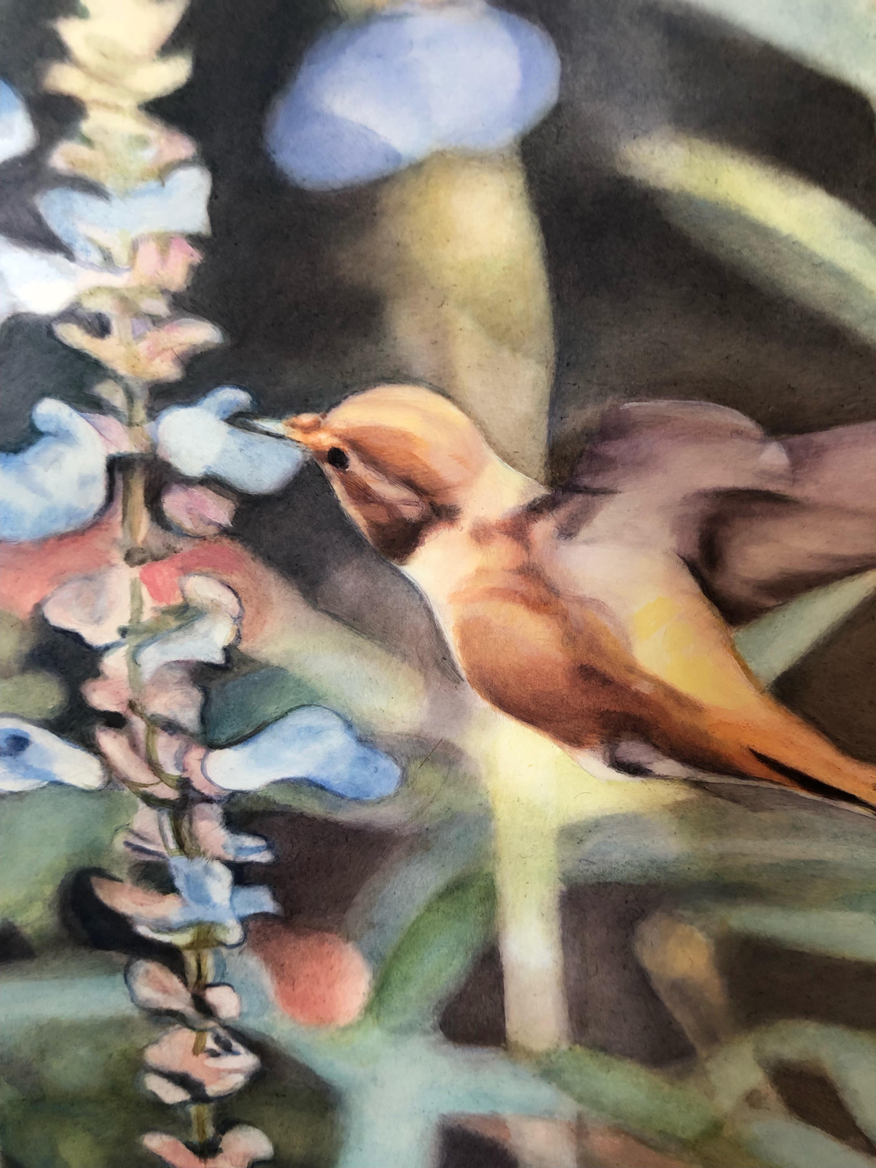 Hummingbird im Salvia-Garten (Braun), Animal Painting, von Diane Andrews Hall