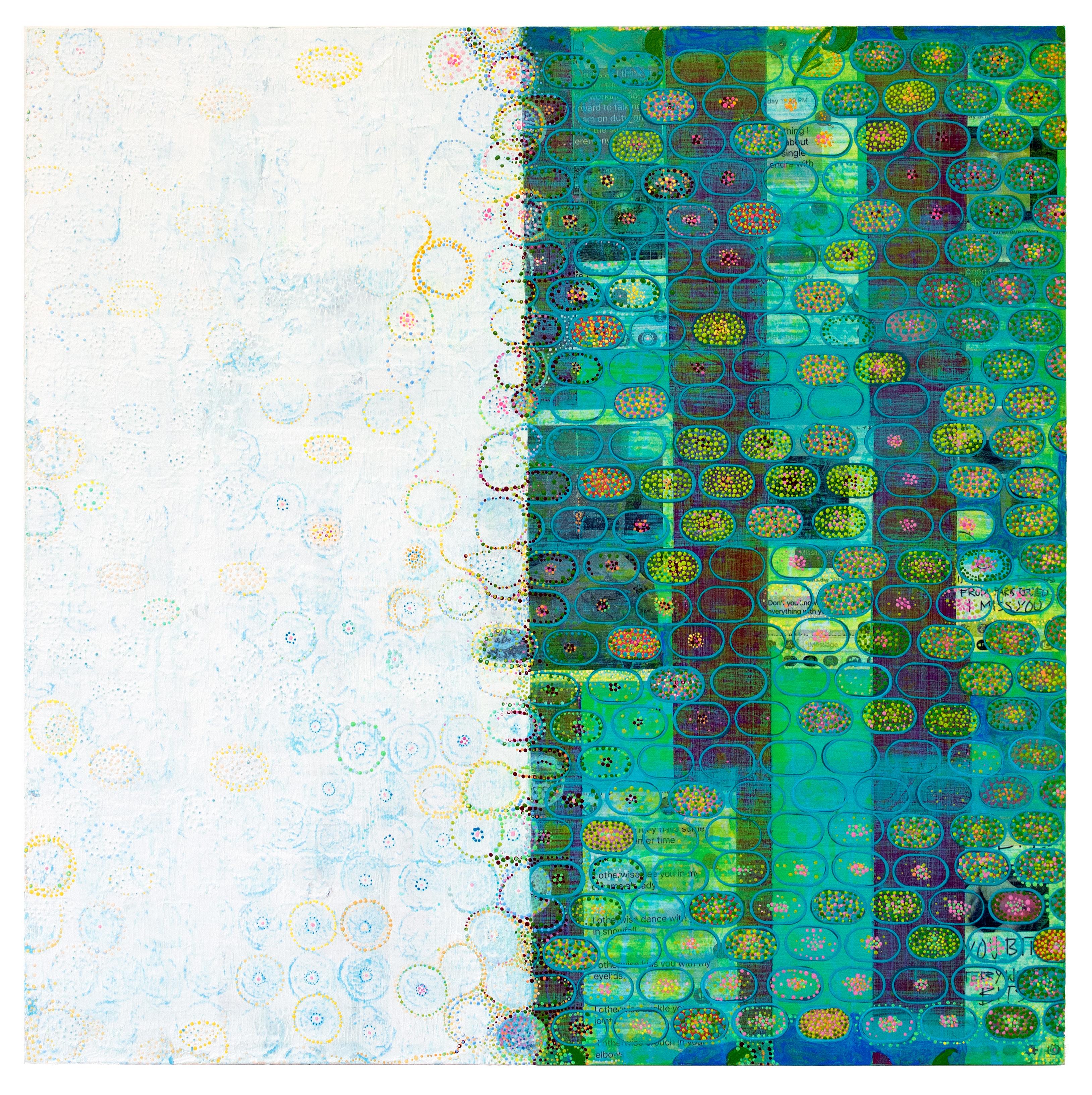 Diane Ayott
May, December, 2020
Mixed media on panel
30 x 30 in.
(ay103)

Diane Ayott's work is more about color and pattern than color and form, but the Boston-based artist is working her circles, dots and lines with structure and dimensionality.