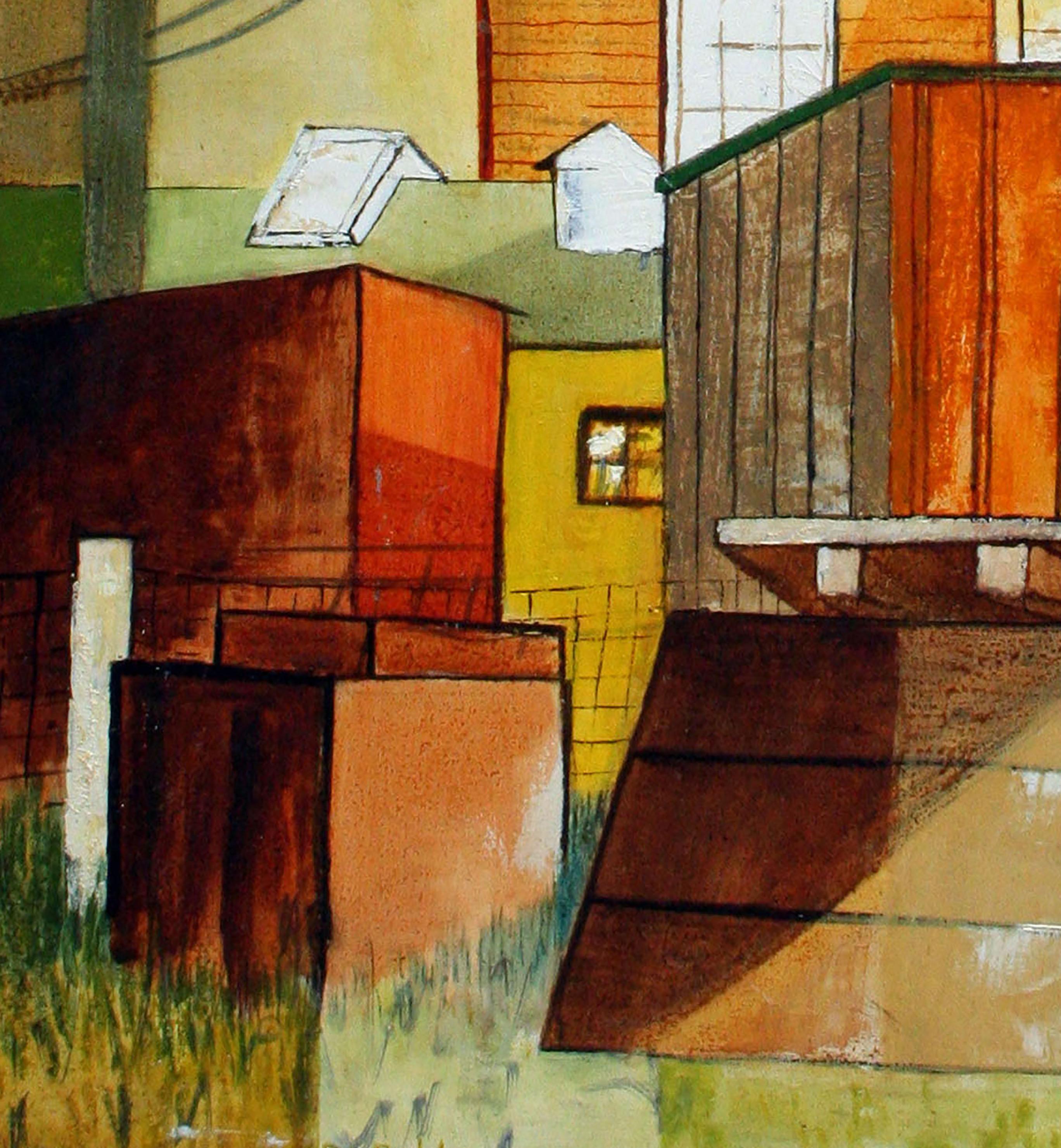 Modernist Houses, Vintage 1970s Geometric Urban Landscape, Pacific Grove CA - Cubist Painting by Diane Baldwin