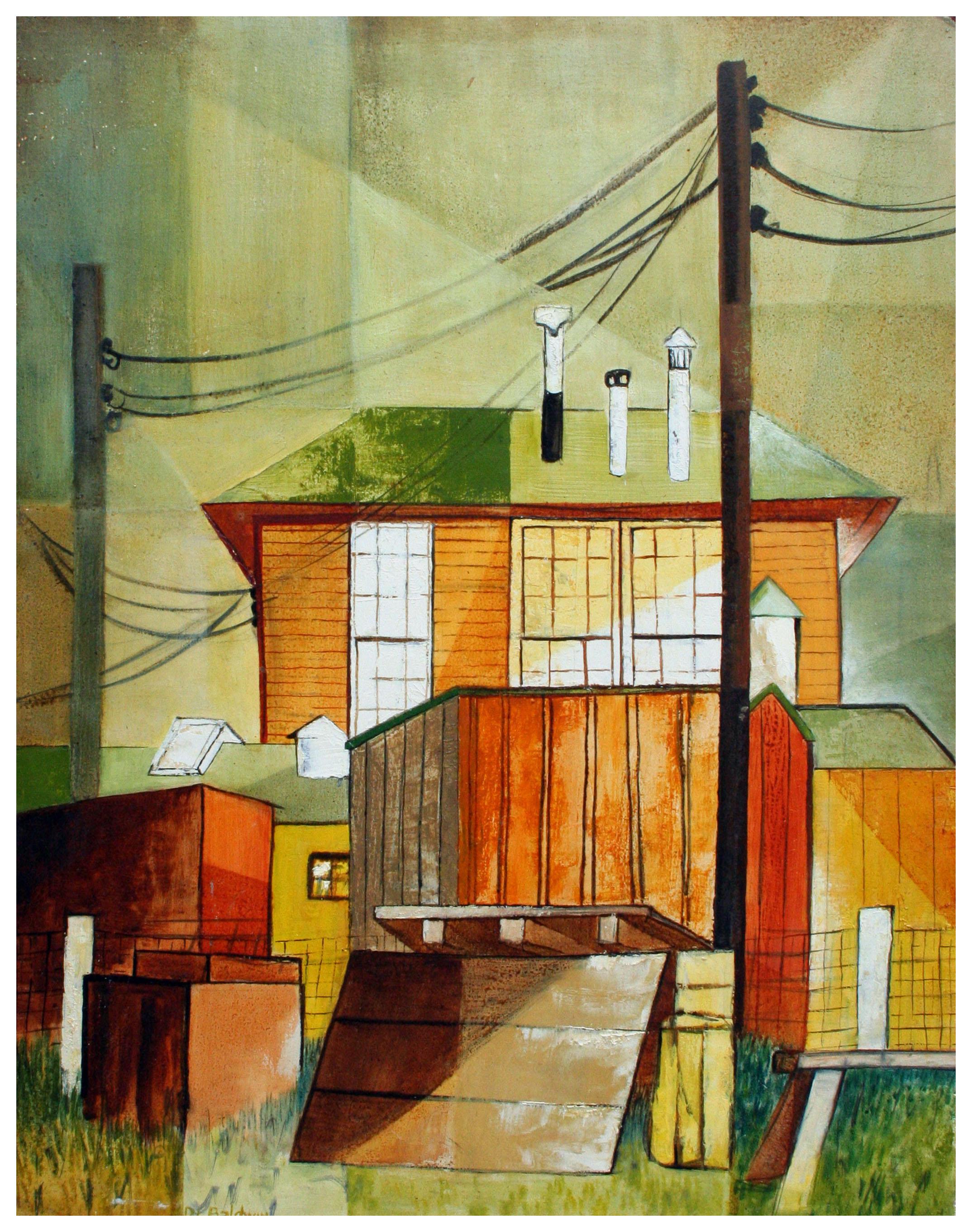 Diane Baldwin Landscape Painting - Modernist Houses, Vintage 1970s Geometric Urban Landscape, Pacific Grove CA