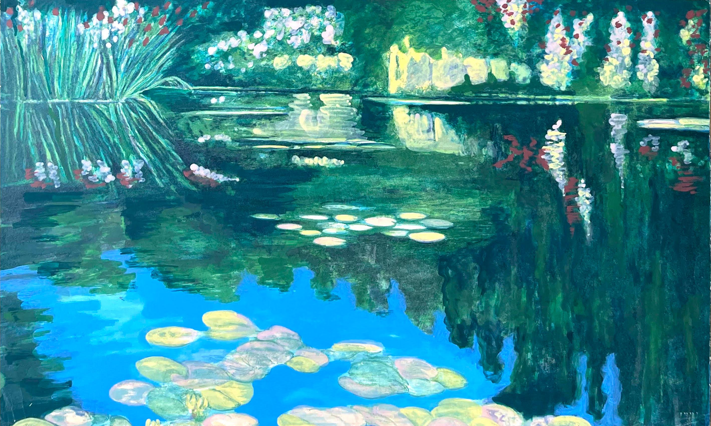 Diane Burko Landscape Print - Lily Pond at Giverny, gorgeous signed lithograph with hand coloring unique var. 