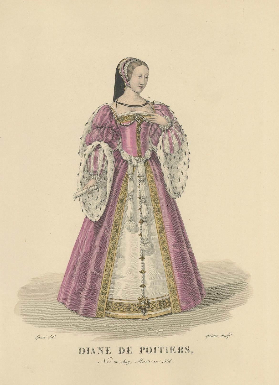 Diane de Poitiers, Mistress of Henri II – Handcoloured Engraving, ca. 1900

Beautiful handcoloured engraving of Diane de Poitiers (1499–1566), the celebrated mistress of King Henri II of France and one of the most influential women of the French