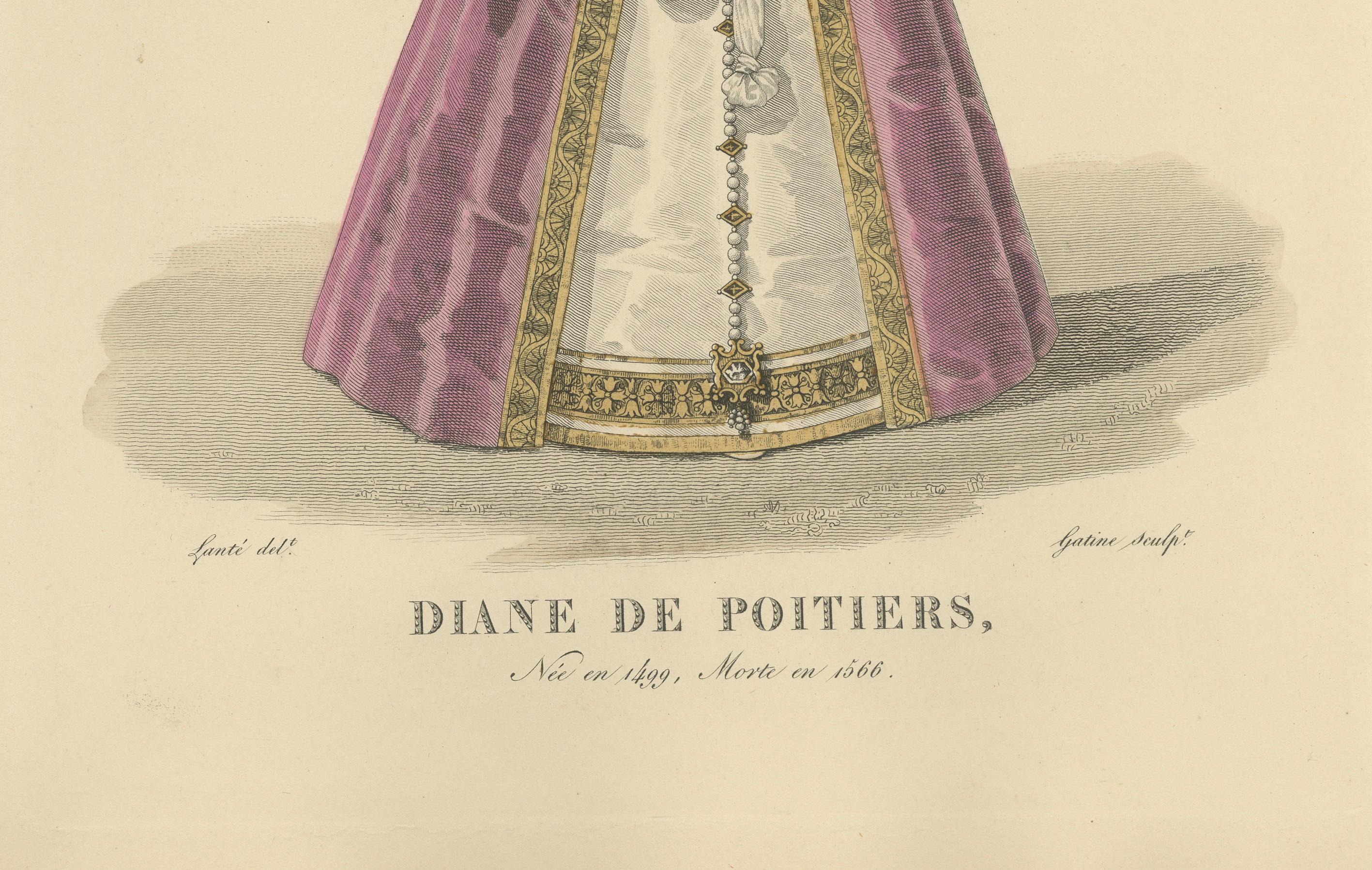 French Diane de Poitiers, Mistress of Henri II – Handcoloured Engraving, ca. 1900 For Sale