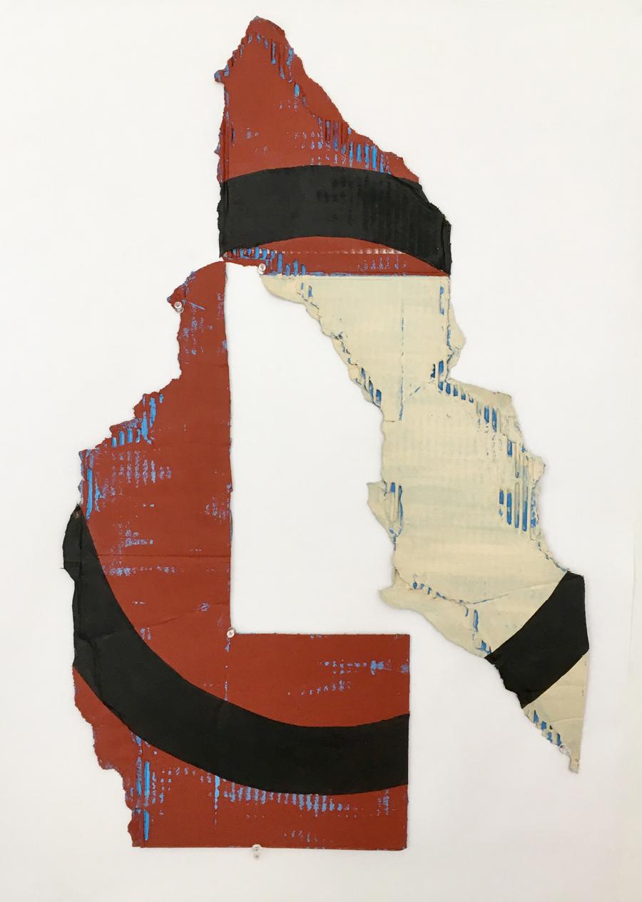 Black on Rust, Buff and Blue 2, 2017,  acrylic, found cardboard, 39 x 19  inches - Painting by Diane Englander