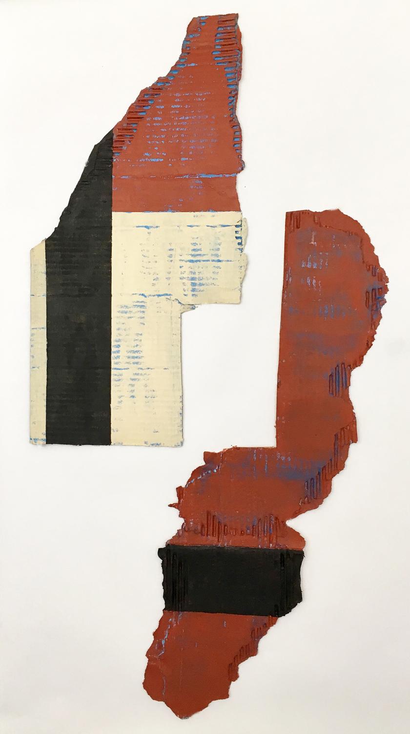 Diane Englander Abstract Painting - Black on Rust, Buff and Blue 2, 2017,  acrylic, found cardboard, 39 x 19  inches