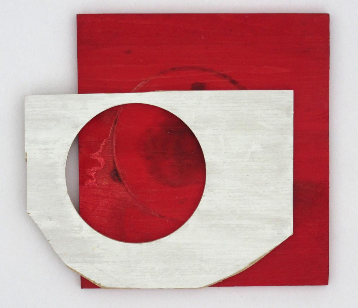 Diane Englander, White Form on Red Wood, 2018, scrapwood and acrylic, 12 x 13 in