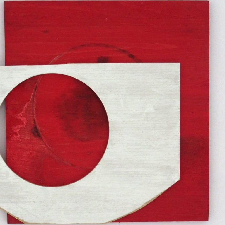 Diane Englander, White Form on Red Wood, 2018, scrapwood and acrylic, 12 x 13 in For Sale 2
