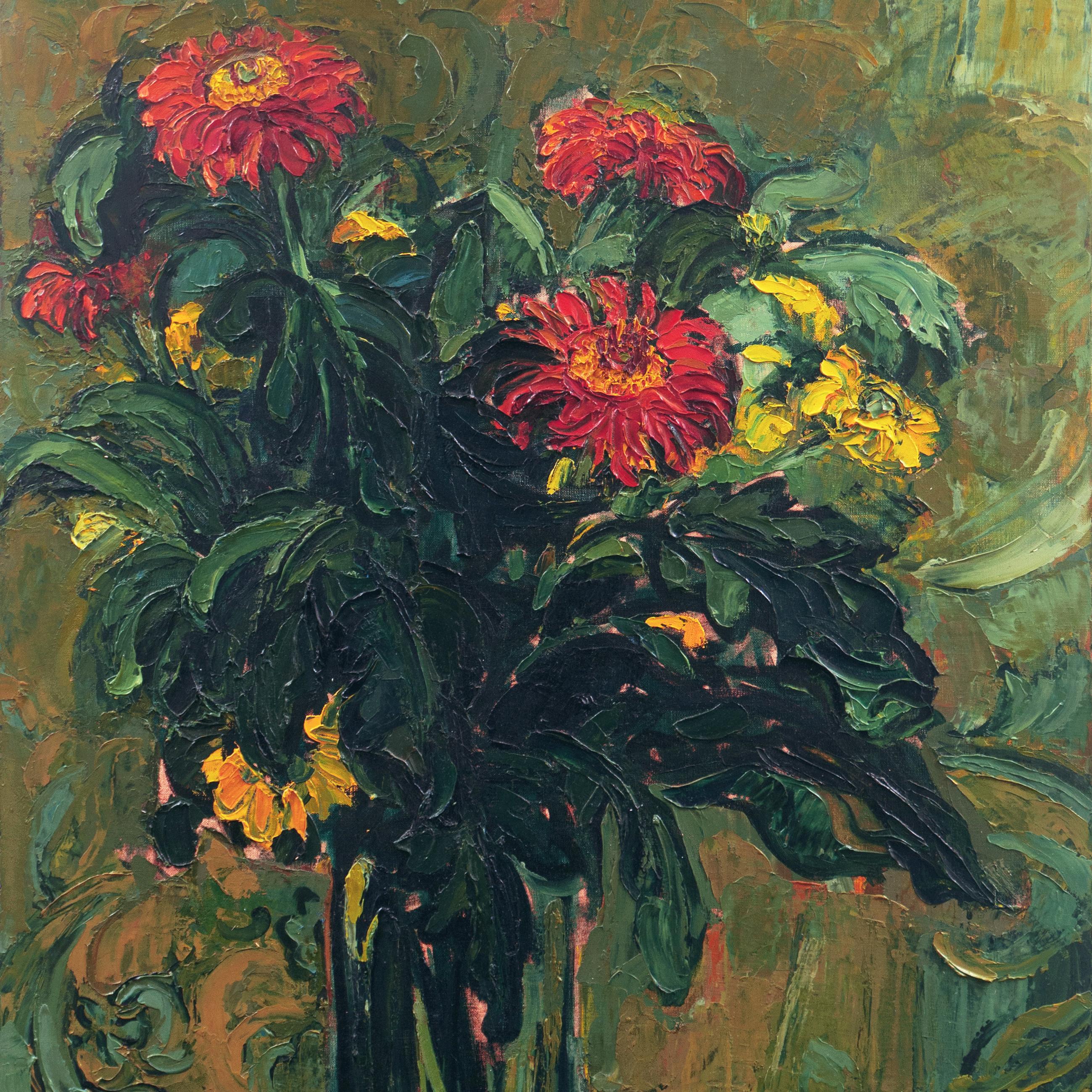 'Red Flowers', Salon D’Automne, Grand Palais, Paris, New York, London, Large Oil - Black Still-Life Painting by Diane Esmond
