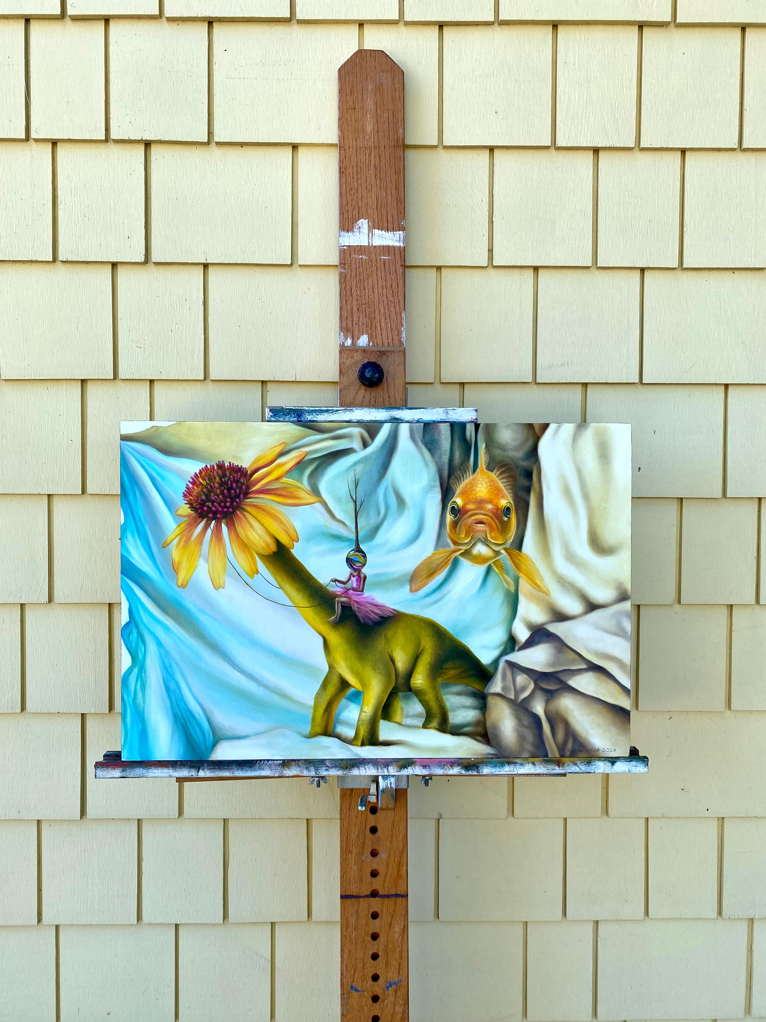 <p>Artist Comments<br />Around noon on a Friday, a tiny rider in a pink tutu balances atop a green dinosaur adorned with a yellow daisy. They navigate the tall cloth folds of the western frontier in search of truth. Finding none, they return to the