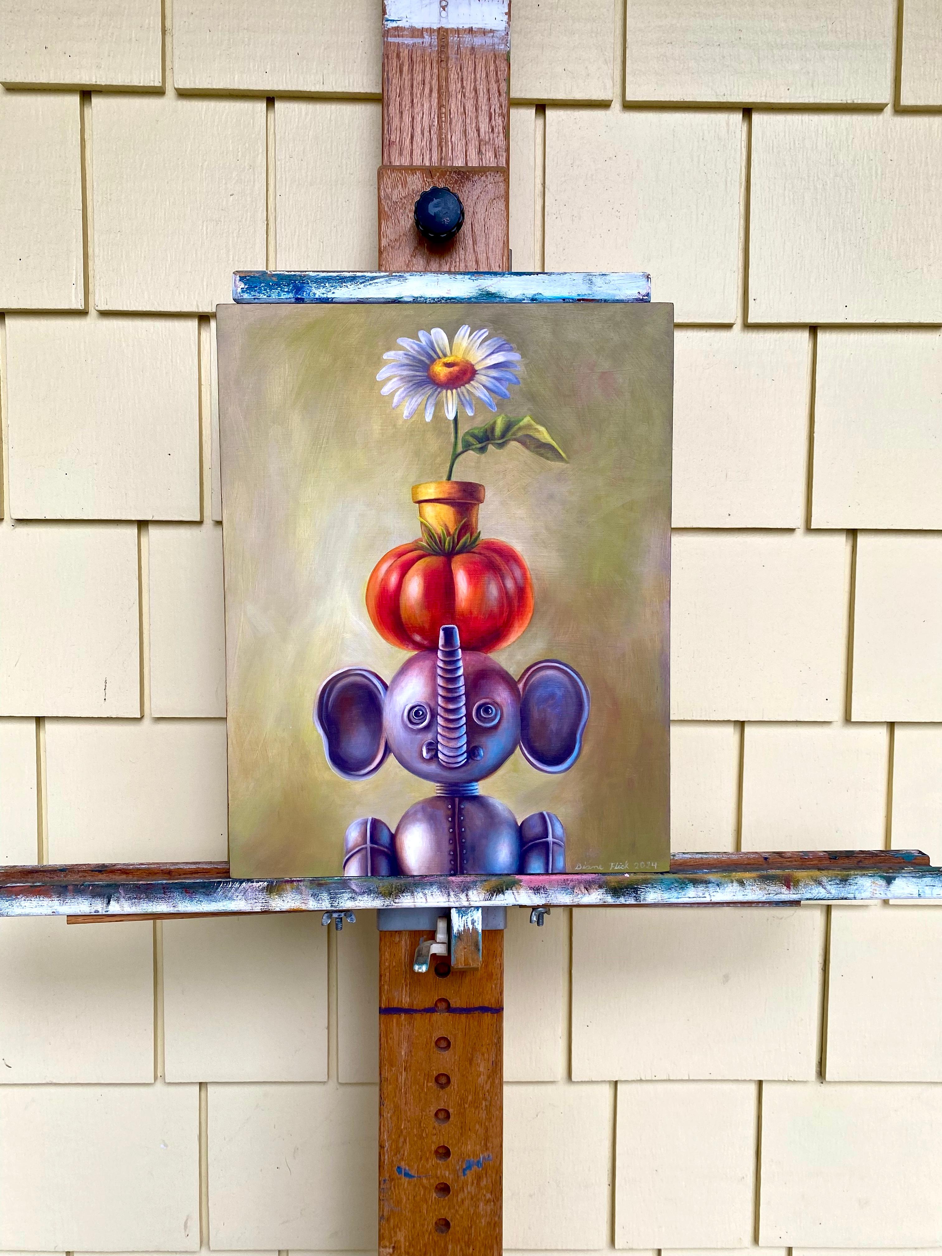 <p>Artist Comments<br />A robot elephant balances an heirloom tomato and a pot of daisy flower on its head. This is artist Diane Flick's first painting using AI-generated reference pictures. Crisp, dramatically lit, and highly detailed photos made