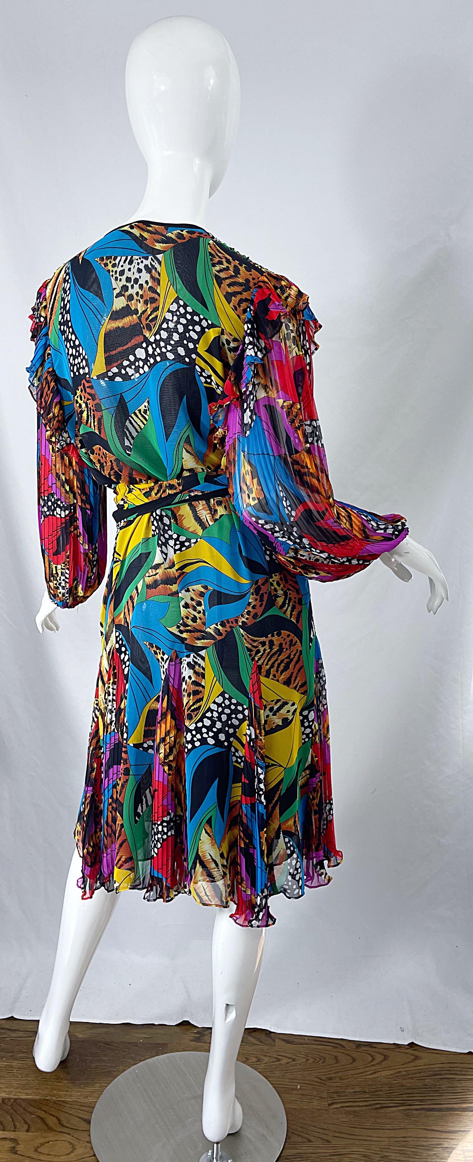Diane Freis 1980er Jahre Chiffon Perlen Pailletten abstrakten Tier Druck Vintage Kleid Schärpe im Angebot 5