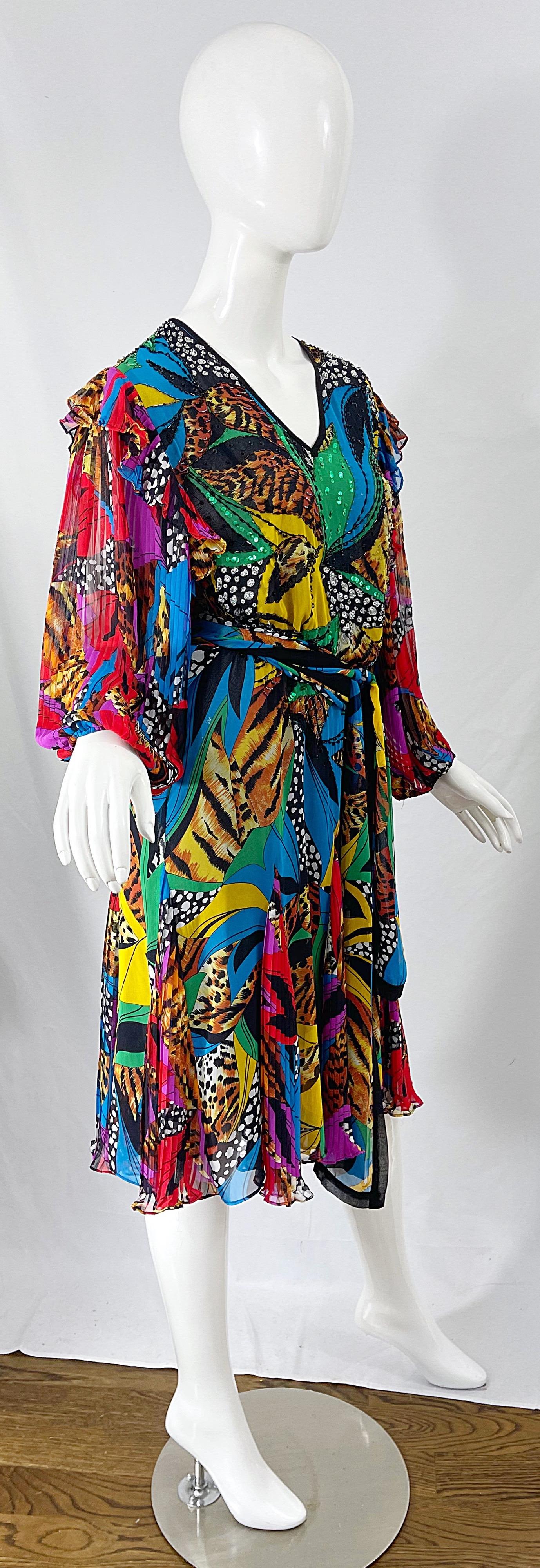 Diane Freis 1980er Jahre Chiffon Perlen Pailletten abstrakten Tier Druck Vintage Kleid Schärpe im Angebot 8