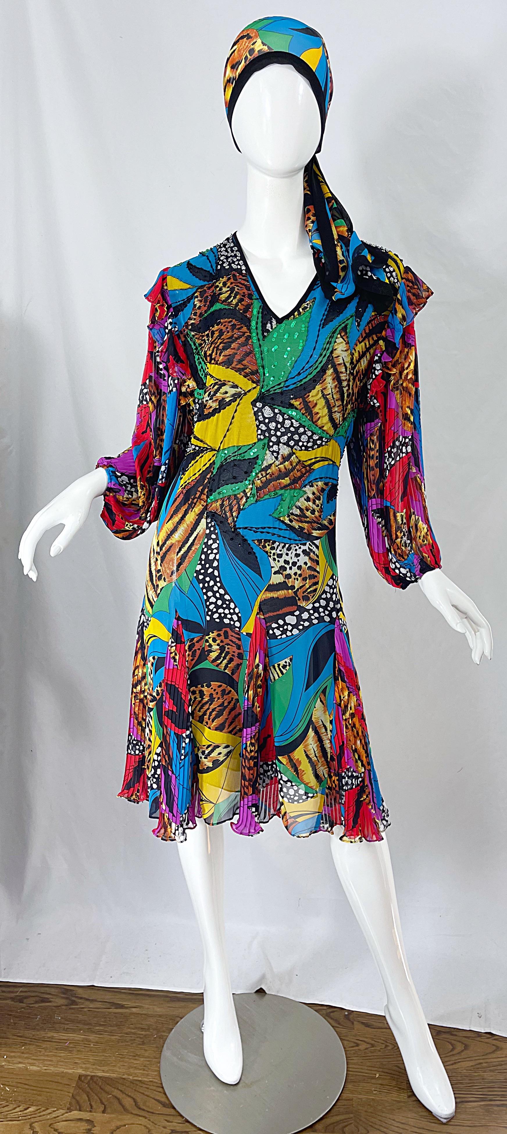 Diane Freis 1980er Jahre Chiffon Perlen Pailletten abstrakten Tier Druck Vintage Kleid Schärpe im Angebot 9