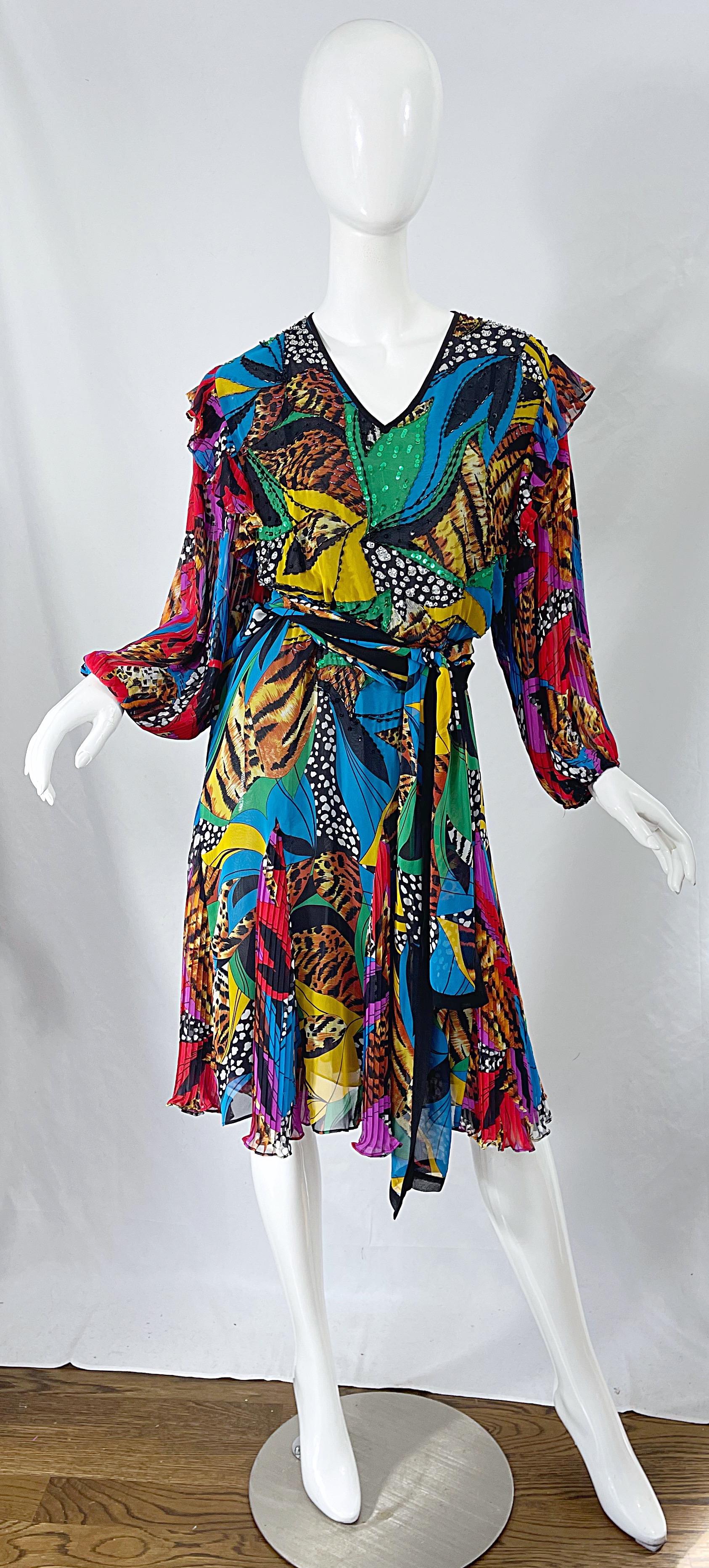 Diane Freis 1980er Jahre Chiffon Perlen Pailletten abstrakten Tier Druck Vintage Kleid Schärpe im Angebot 11