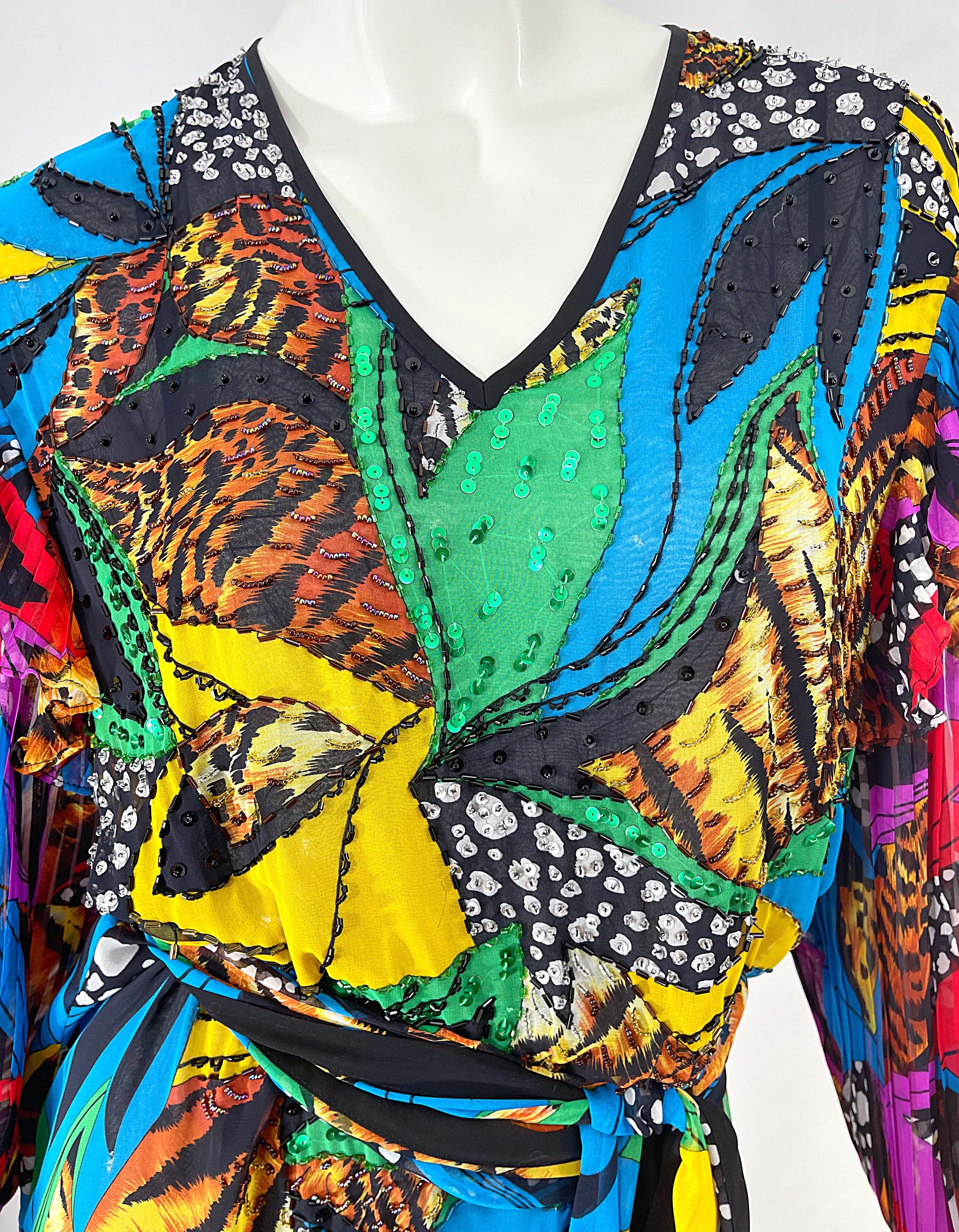Diane Freis 1980er Jahre Chiffon Perlen Pailletten abstrakten Tier Druck Vintage Kleid Schärpe (Schwarz) im Angebot