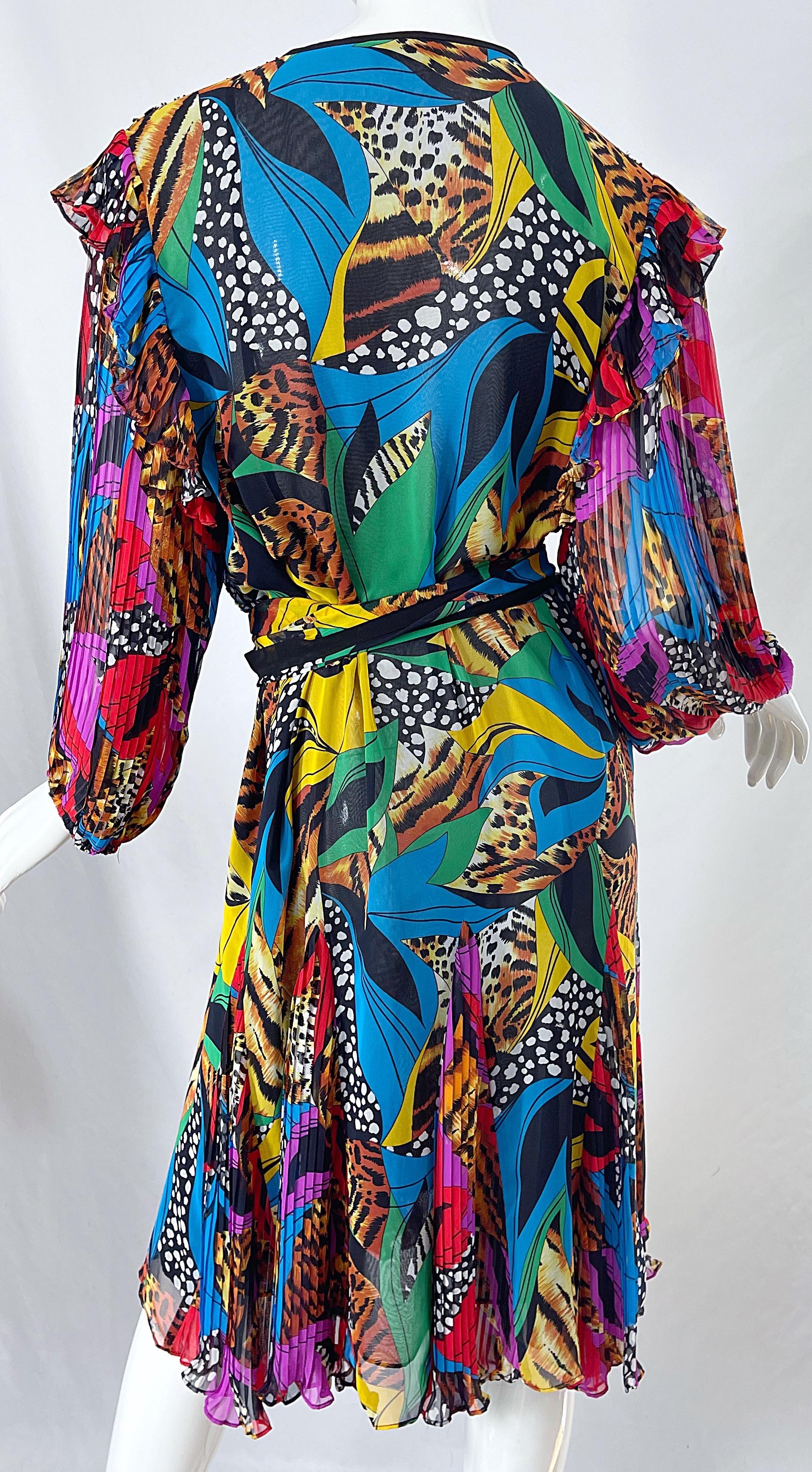 Diane Freis 1980er Jahre Chiffon Perlen Pailletten abstrakten Tier Druck Vintage Kleid Schärpe Damen im Angebot
