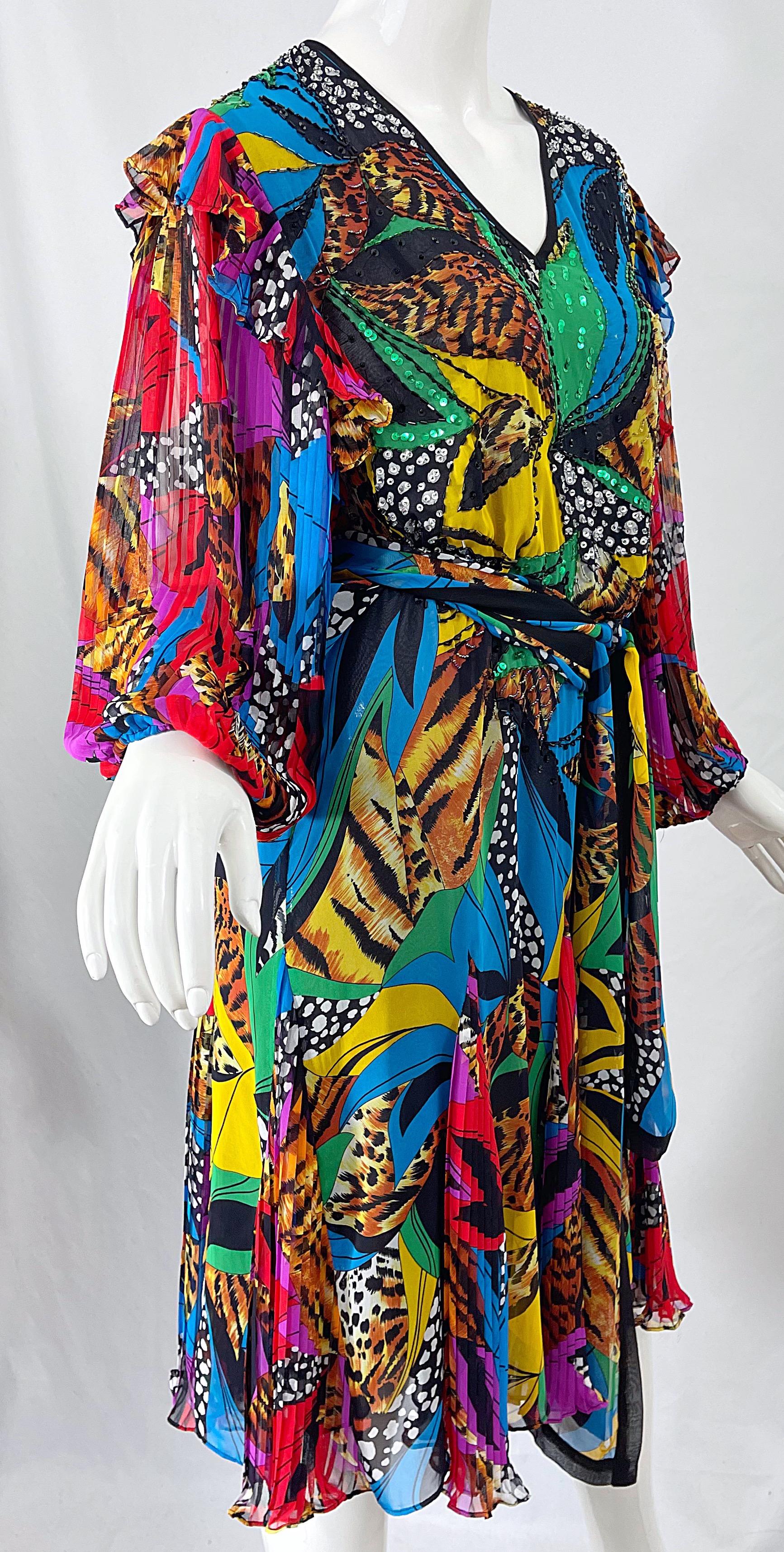 Diane Freis 1980er Jahre Chiffon Perlen Pailletten abstrakten Tier Druck Vintage Kleid Schärpe im Angebot 2