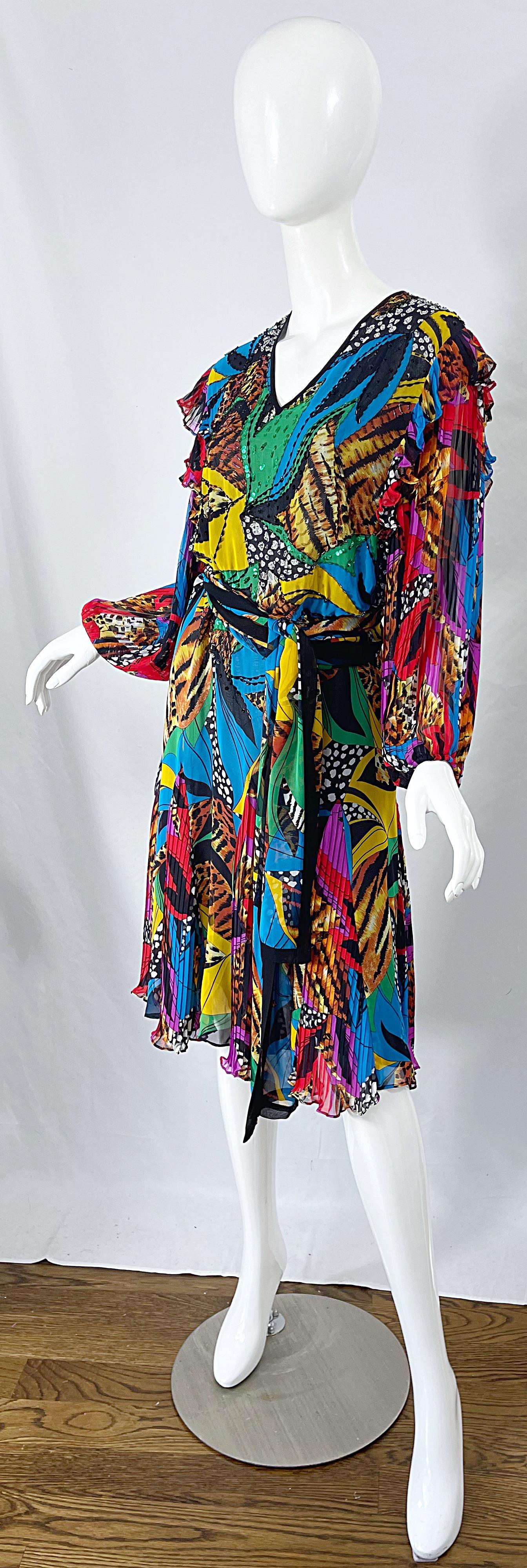 Diane Freis 1980er Jahre Chiffon Perlen Pailletten abstrakten Tier Druck Vintage Kleid Schärpe im Angebot 3