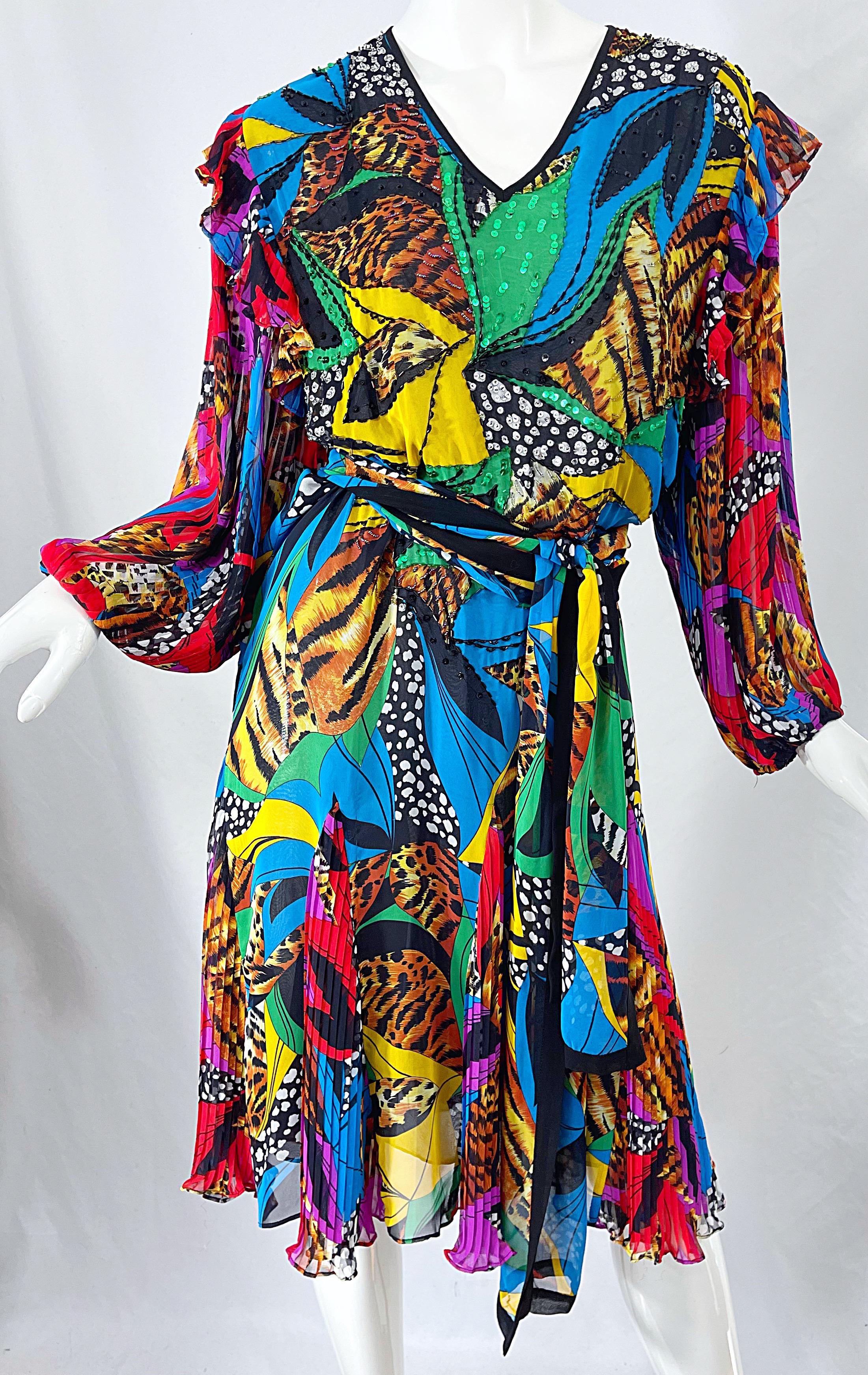 Diane Freis 1980er Jahre Chiffon Perlen Pailletten abstrakten Tier Druck Vintage Kleid Schärpe im Angebot 4