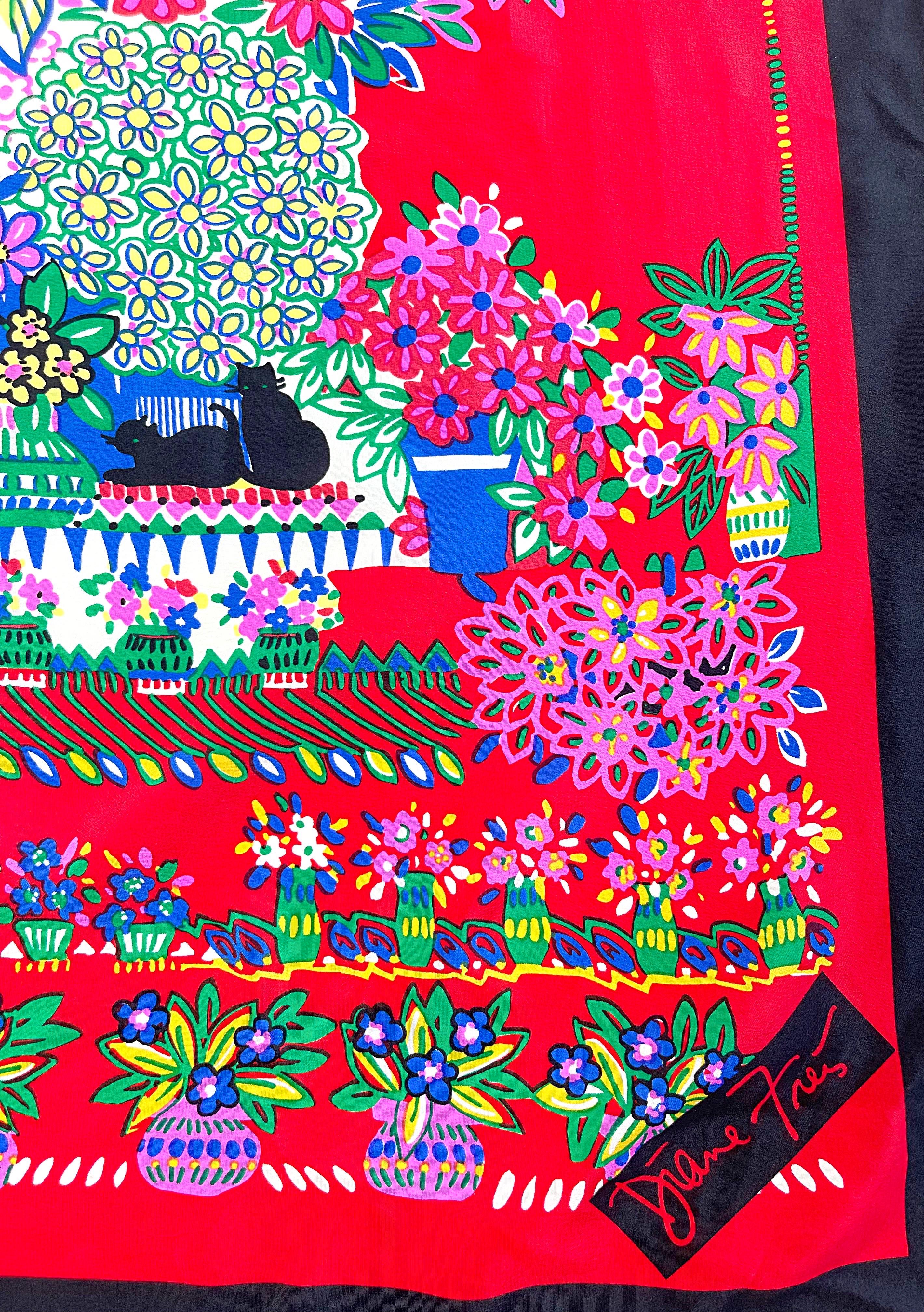 Diane Freis - Grande écharpe en soie vintage avec imprimé de fleurs rouges colorées et de chats, années 1980 en vente 7