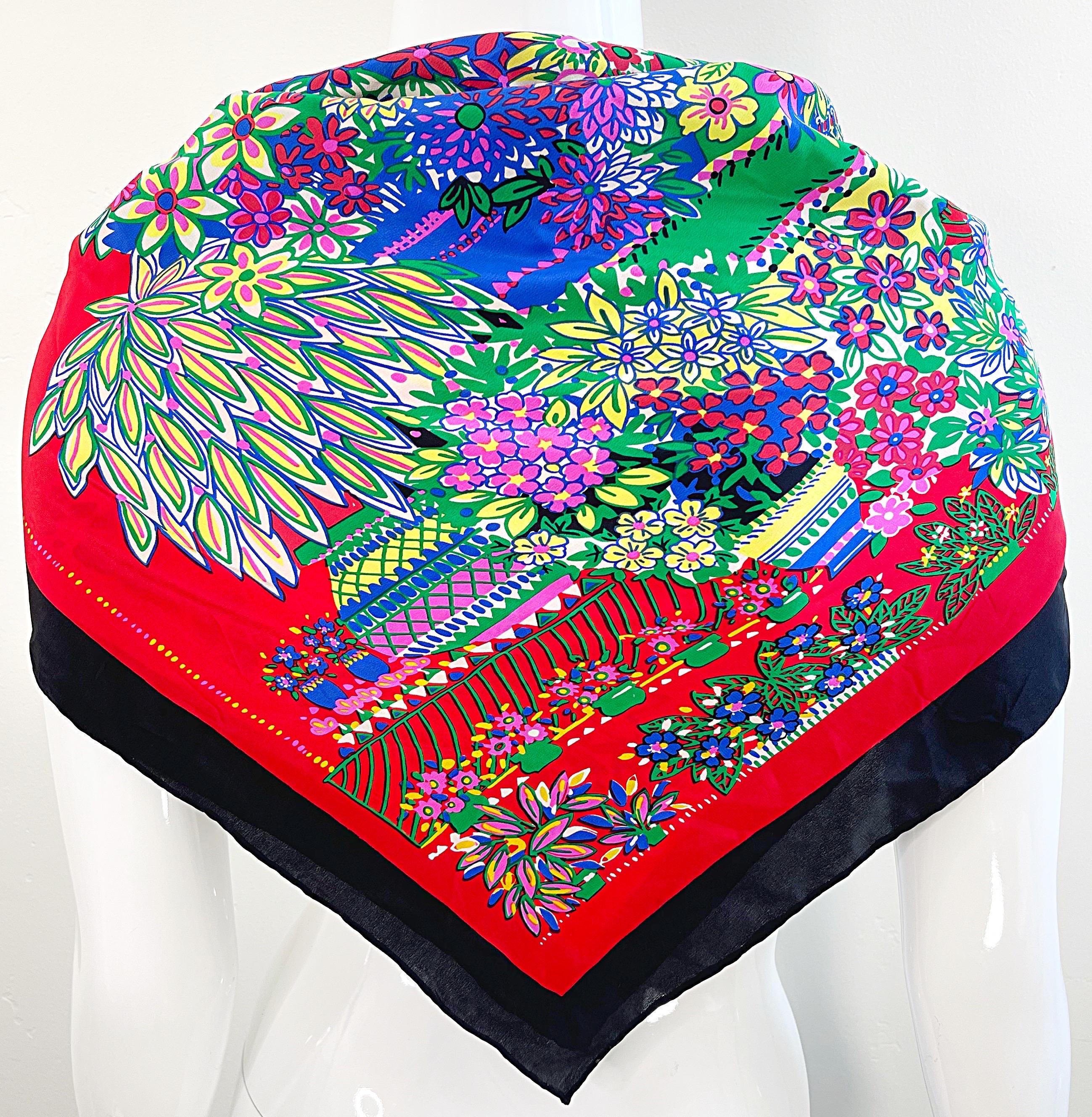 Diane Freis 1980s Colorful Red Flower Novelty Cat Print Large Vintage Silk Scarf For Sale 10