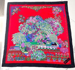 Diane Freis 1980s Colorful Red Flower Novelty Cat Print Large Vintage Silk Scarf