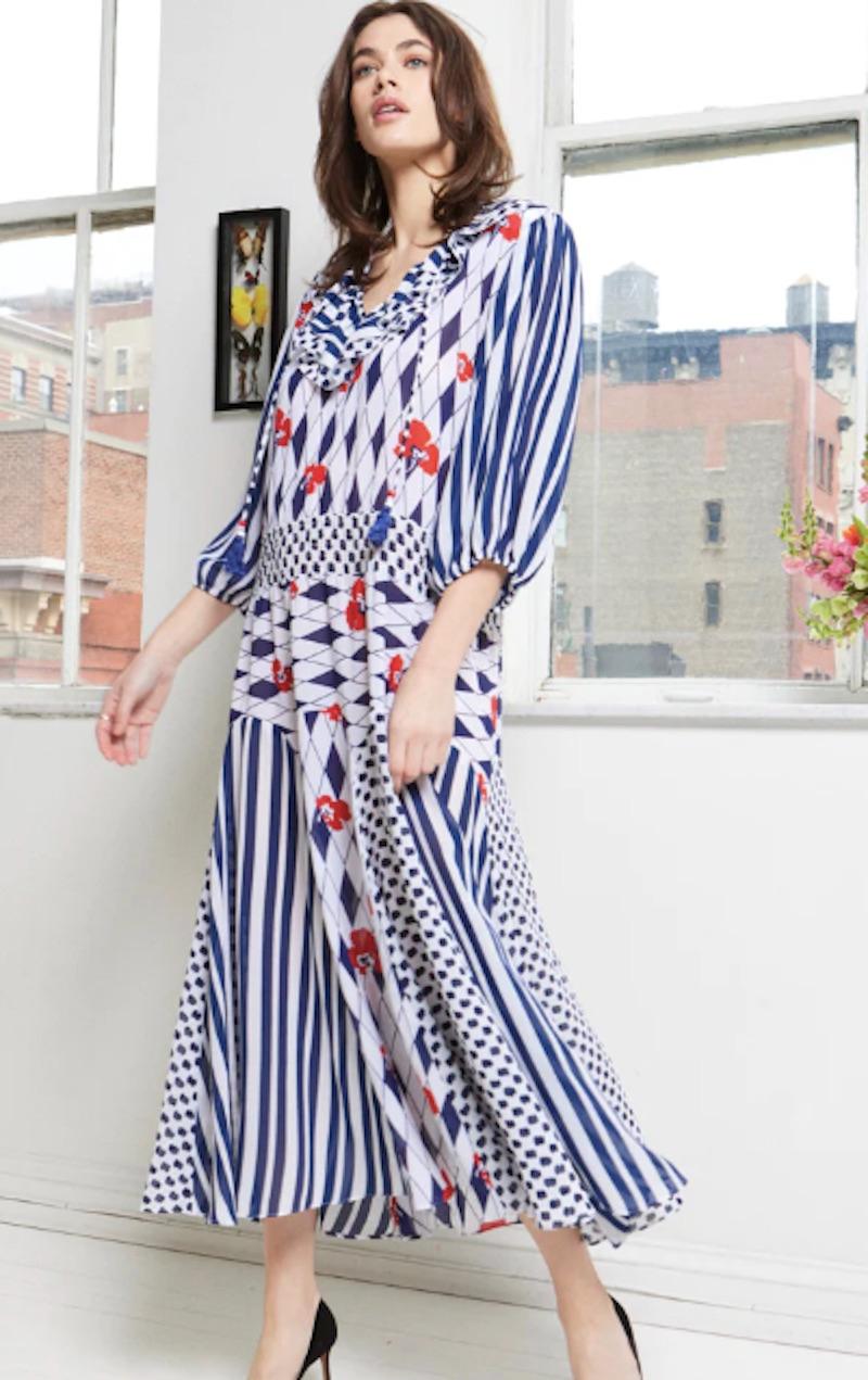 1980s Diane Freis Drop Waist Tiered Printed Dress with Bishop Sleeves and Ruffled Neckline. Like all of Freis' dresses, her prints were such an important element to every dress she produced. This special selection, in a classic red, white, and blue