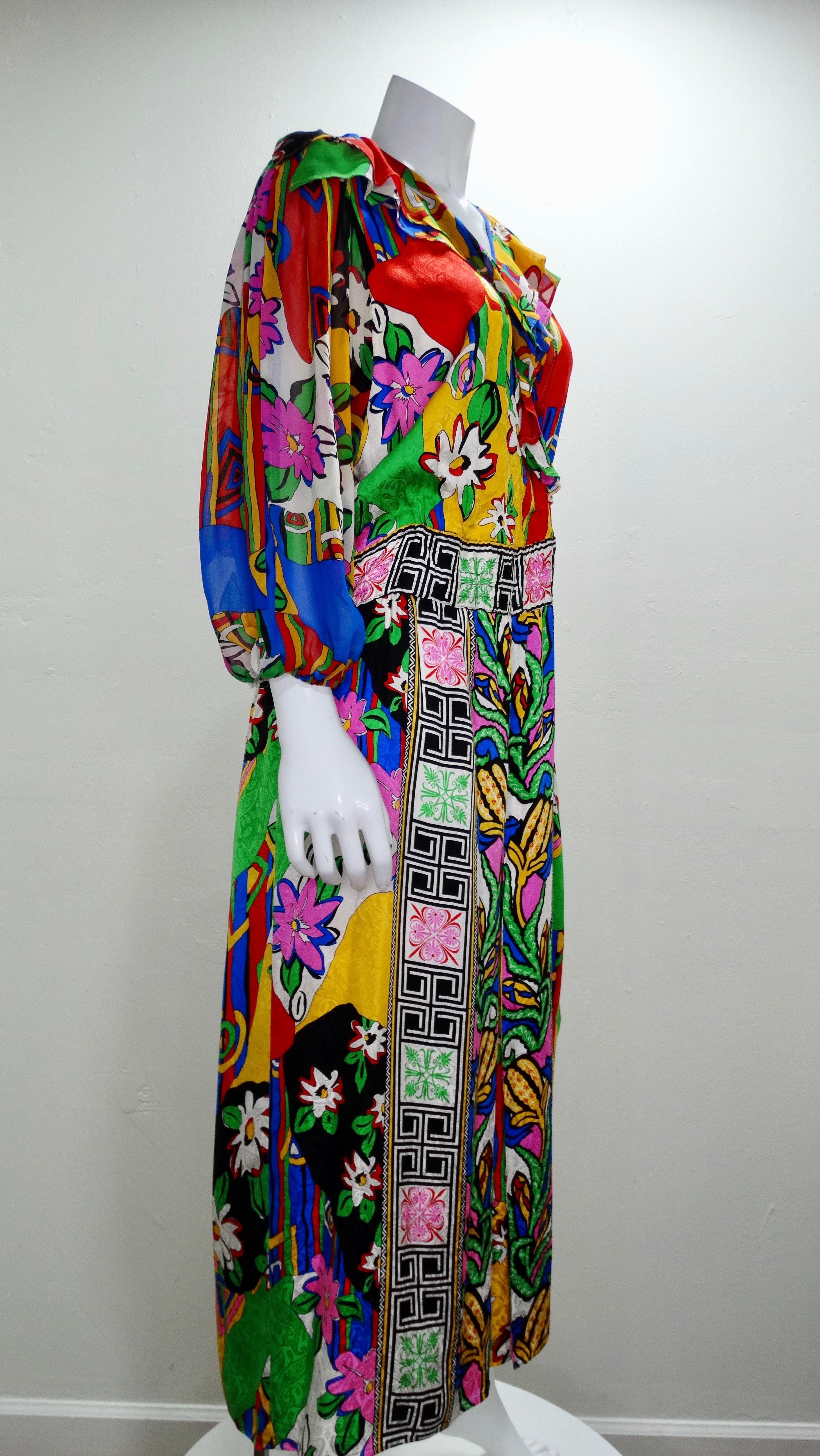 Diane Freis collectors rejoice! This amazing 1980s Diane Freis dress is printed in a bright and bold multicolored floral motif with geometric patterns throughout. V-neck with ruffle trim and cinched waist. Made of 100% silk. Pair with your favorite