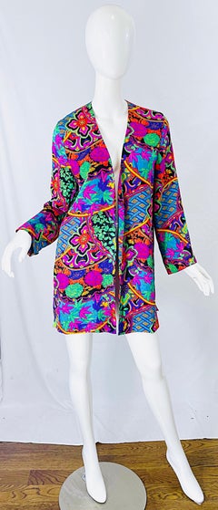 Diane Freis 1980s Marijuana Pot Leaf Print Silk Colorful 420 Vintage 80s Kimono