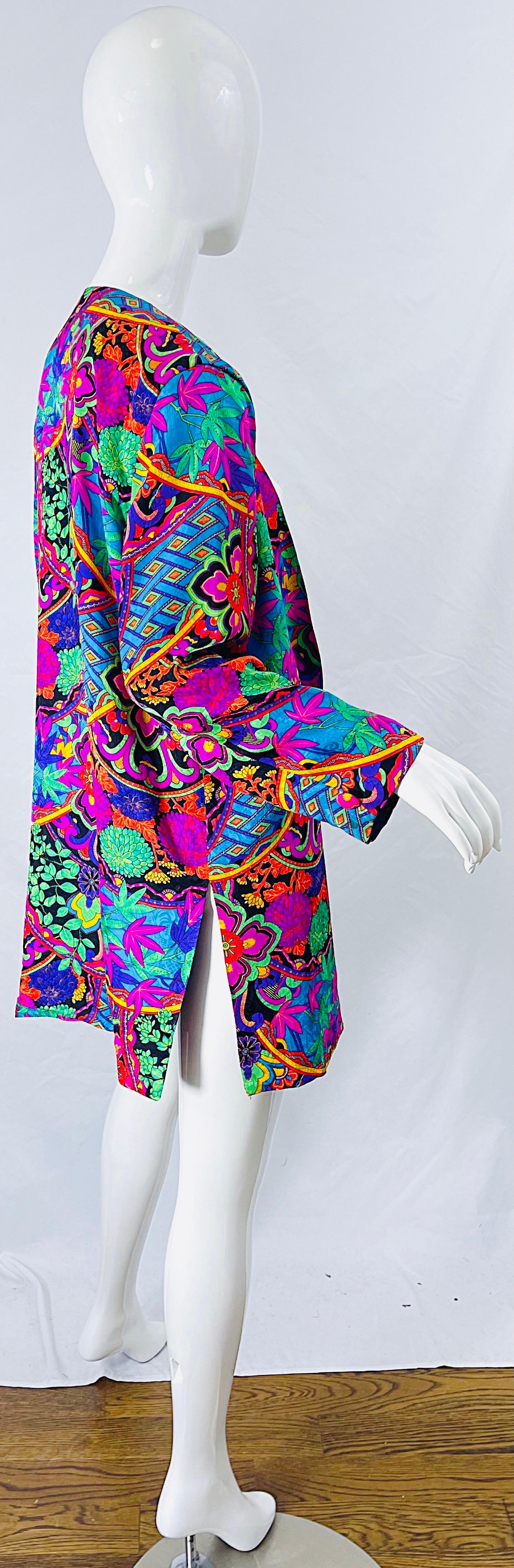 Purple Diane Freis 1980s Marijuana Pot Leaf Print Silk Colorful 420 Vintage 80s Kimono