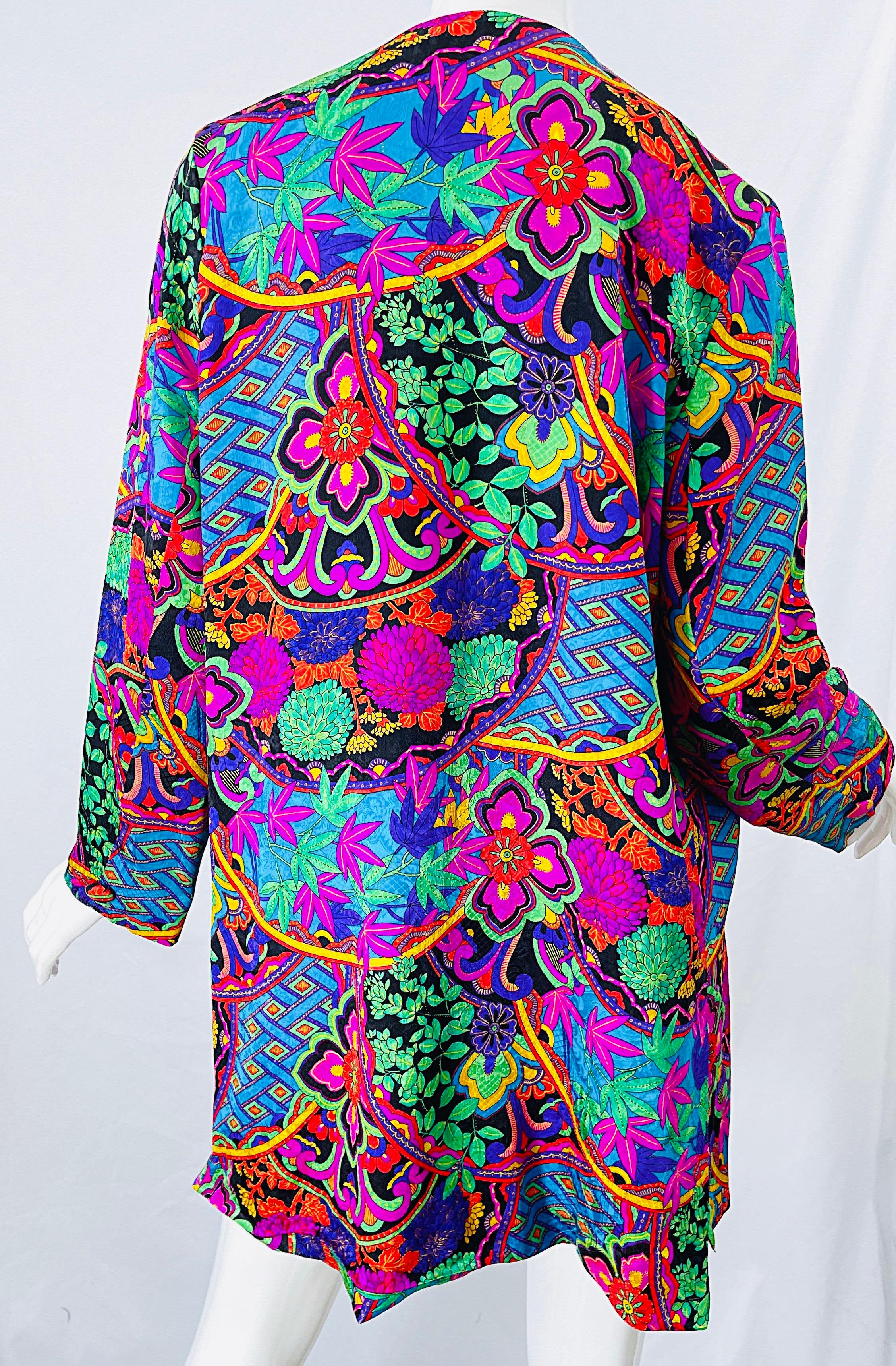 Women's Diane Freis 1980s Marijuana Pot Leaf Print Silk Colorful 420 Vintage 80s Kimono