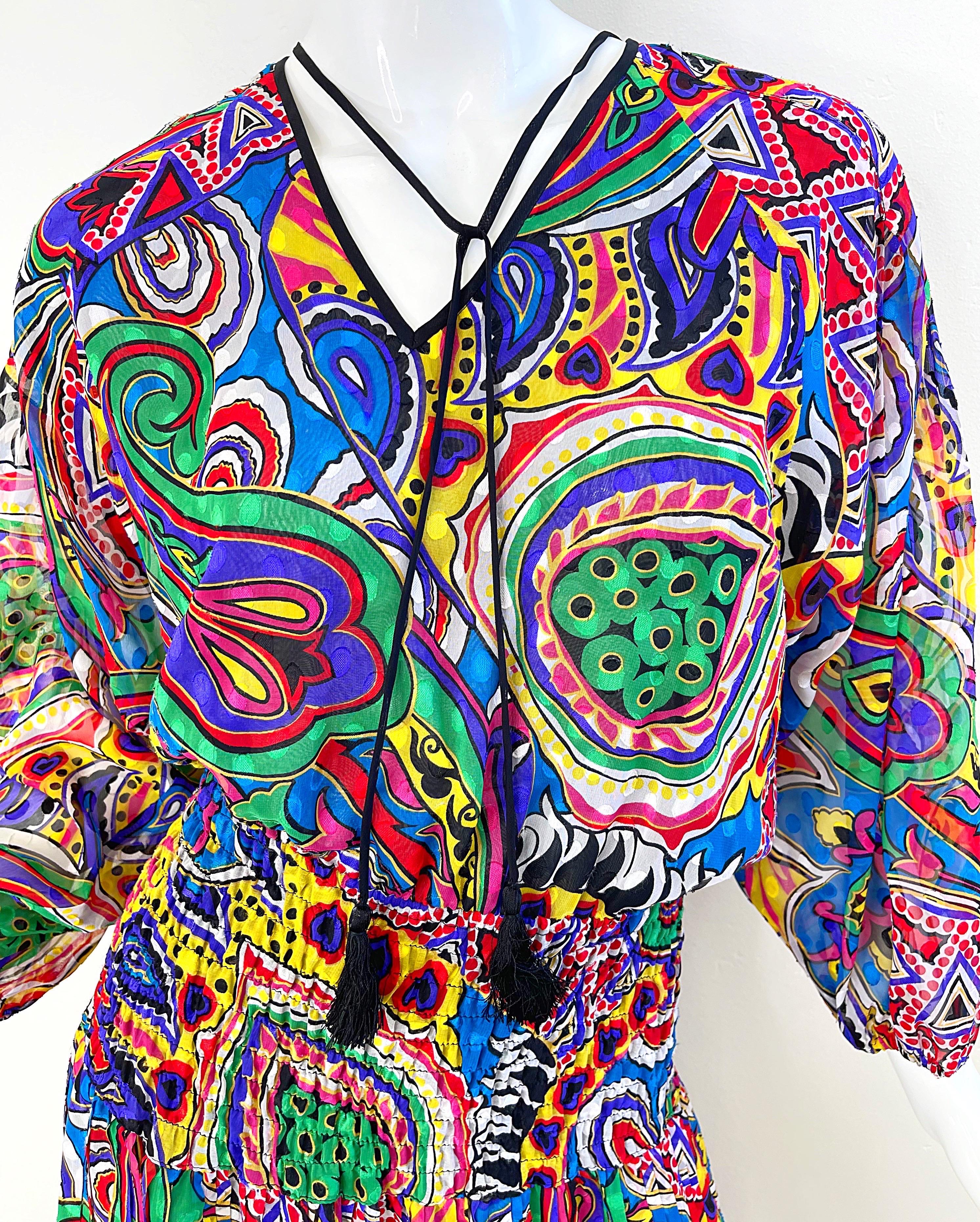 Diane Freis 1980s Novelty Heart Paisley Psychedelic Print Vintage 80s Dress In Excellent Condition For Sale In San Diego, CA