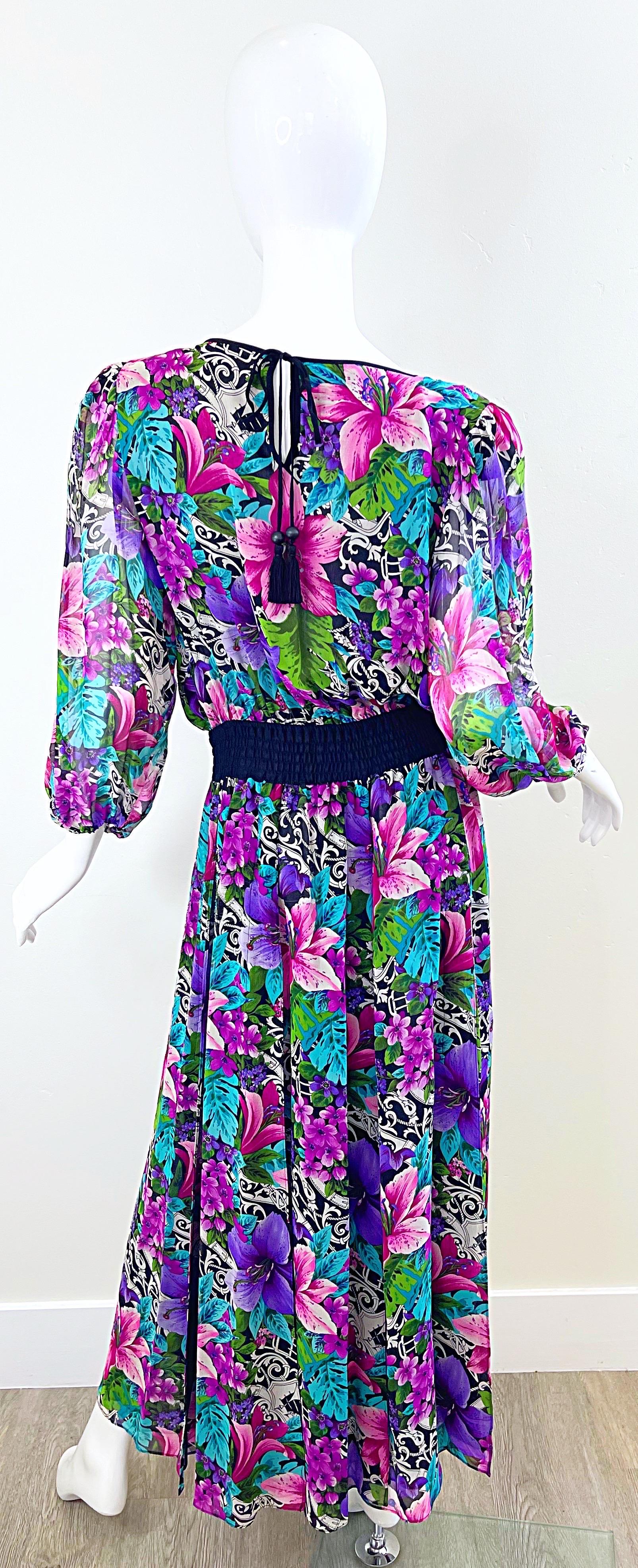 Diane Freis 1980s Silk Chiffon Beaded Tropical Print Vintage 80s Maxi Dress For Sale 5