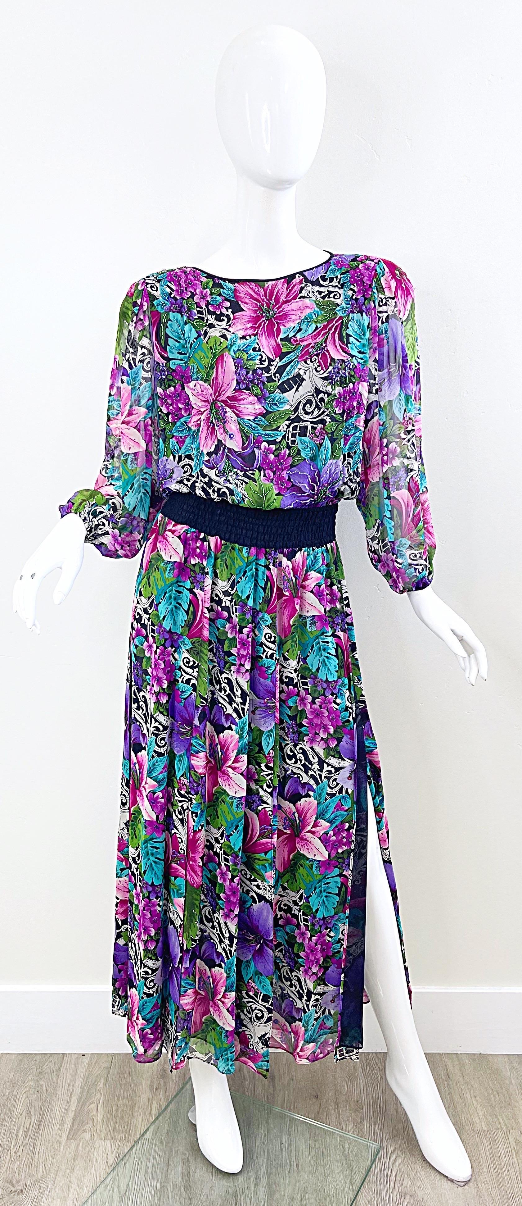 Diane Freis 1980s Silk Chiffon Beaded Tropical Print Vintage 80s Maxi Dress For Sale 6