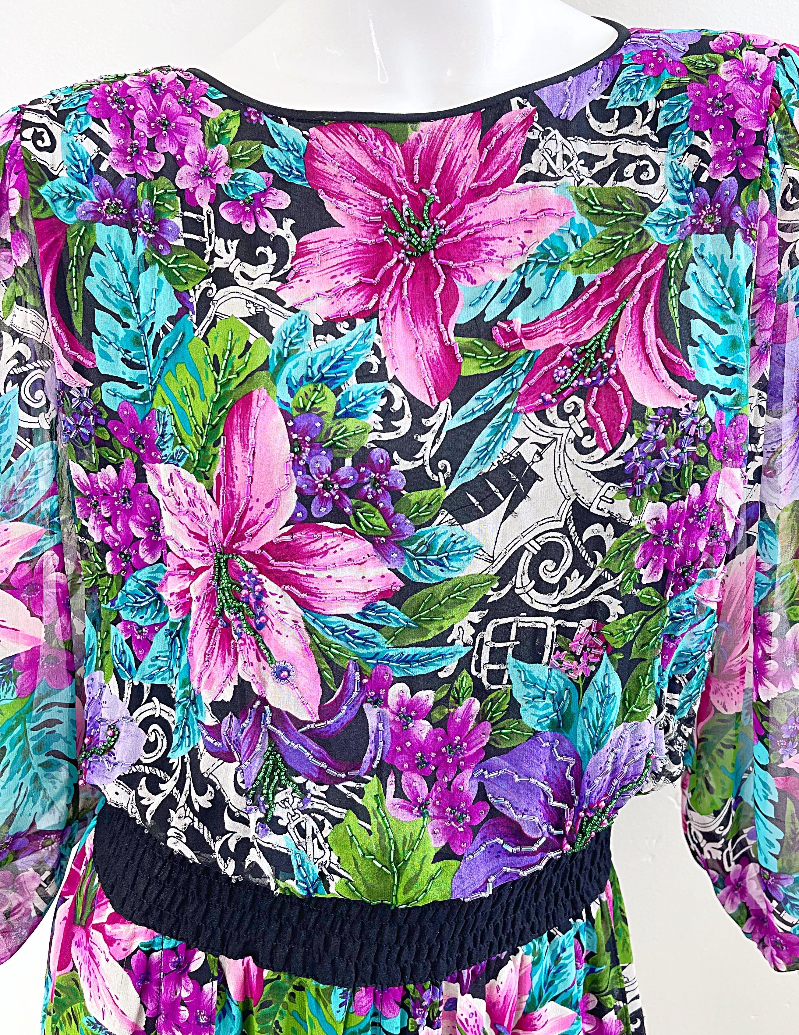 Diane Freis 1980s Silk Chiffon Beaded Tropical Print Vintage 80s Maxi Dress For Sale 8