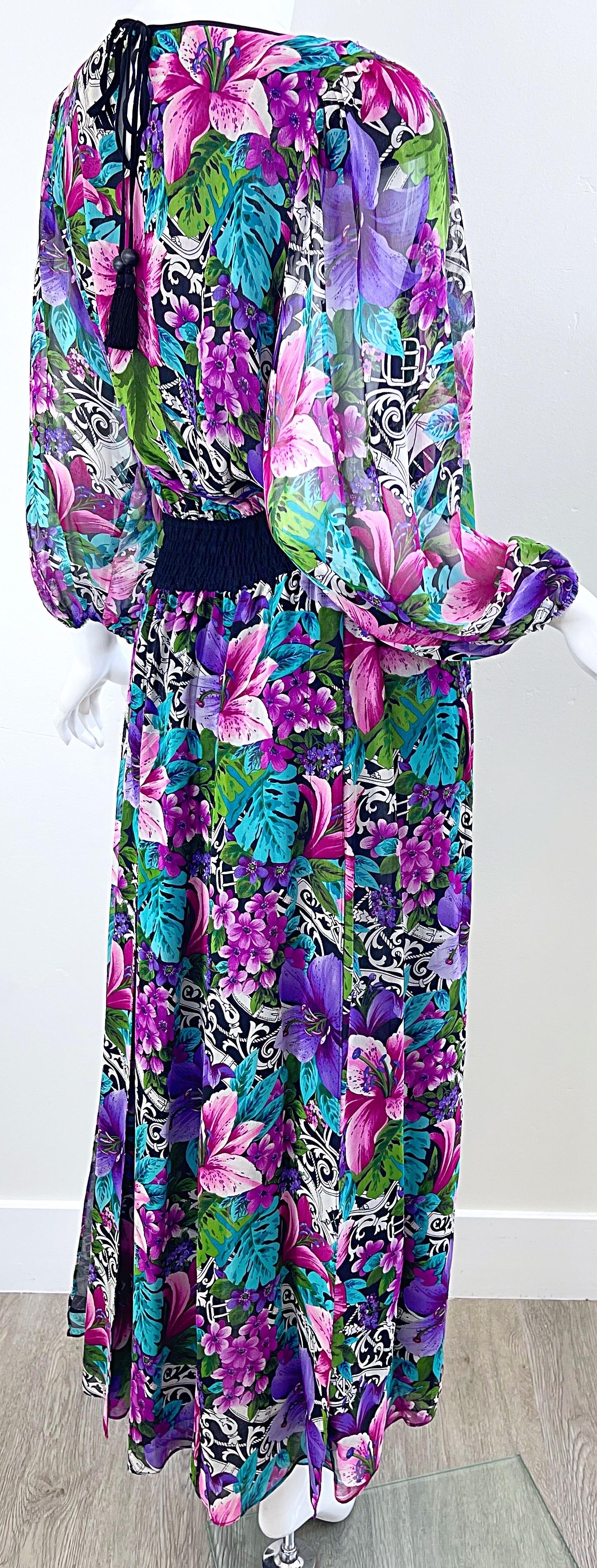 Diane Freis 1980s Silk Chiffon Beaded Tropical Print Vintage 80s Maxi Dress For Sale 8