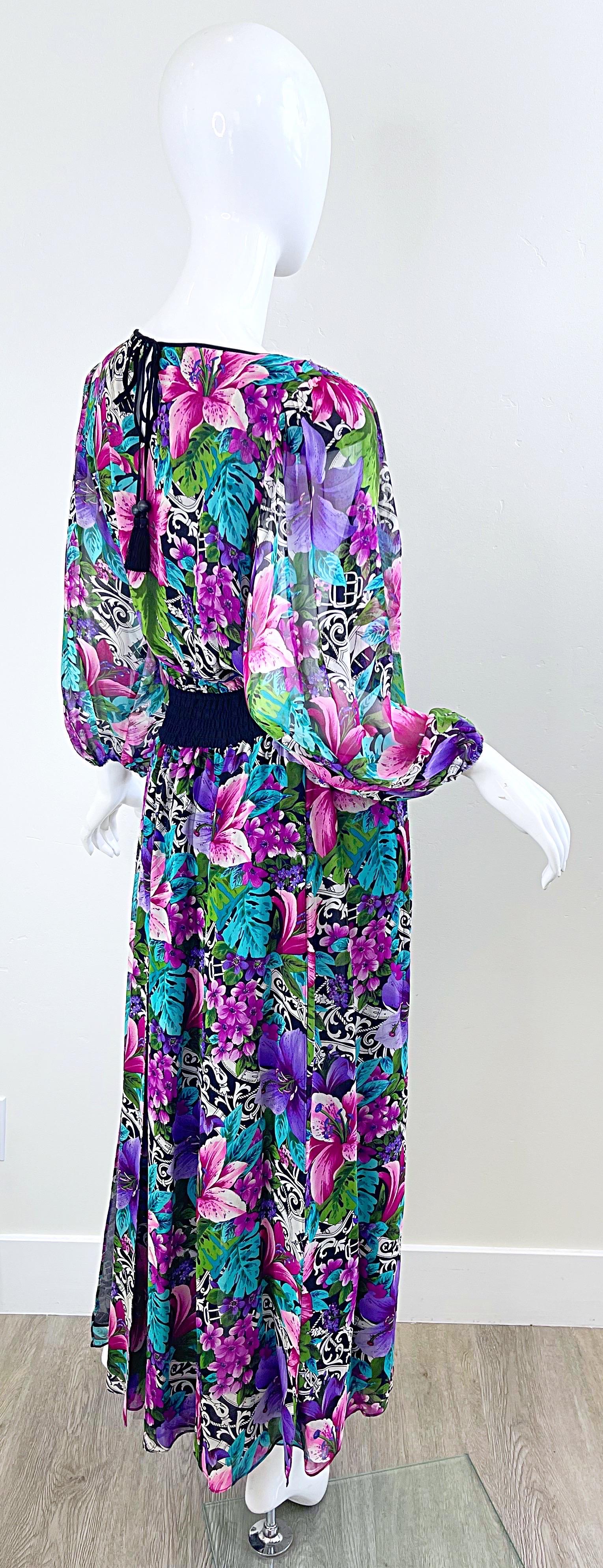 Diane Freis 1980s Silk Chiffon Beaded Tropical Print Vintage 80s Maxi Dress For Sale 9