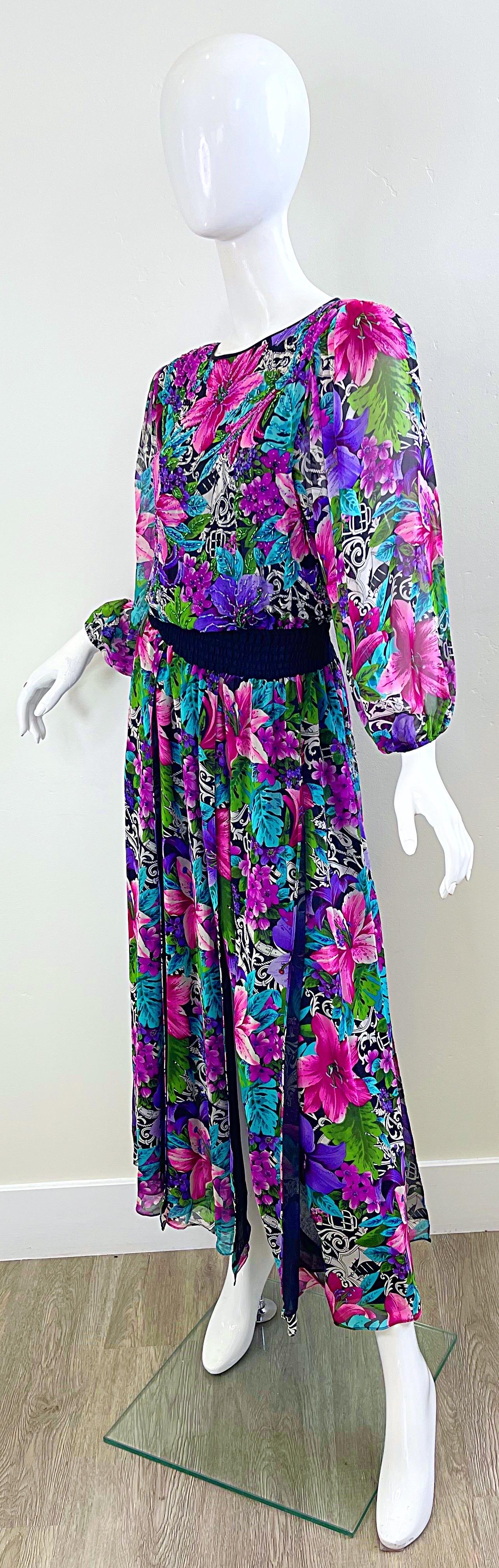 Diane Freis 1980s Silk Chiffon Beaded Tropical Print Vintage 80s Maxi Dress For Sale 11